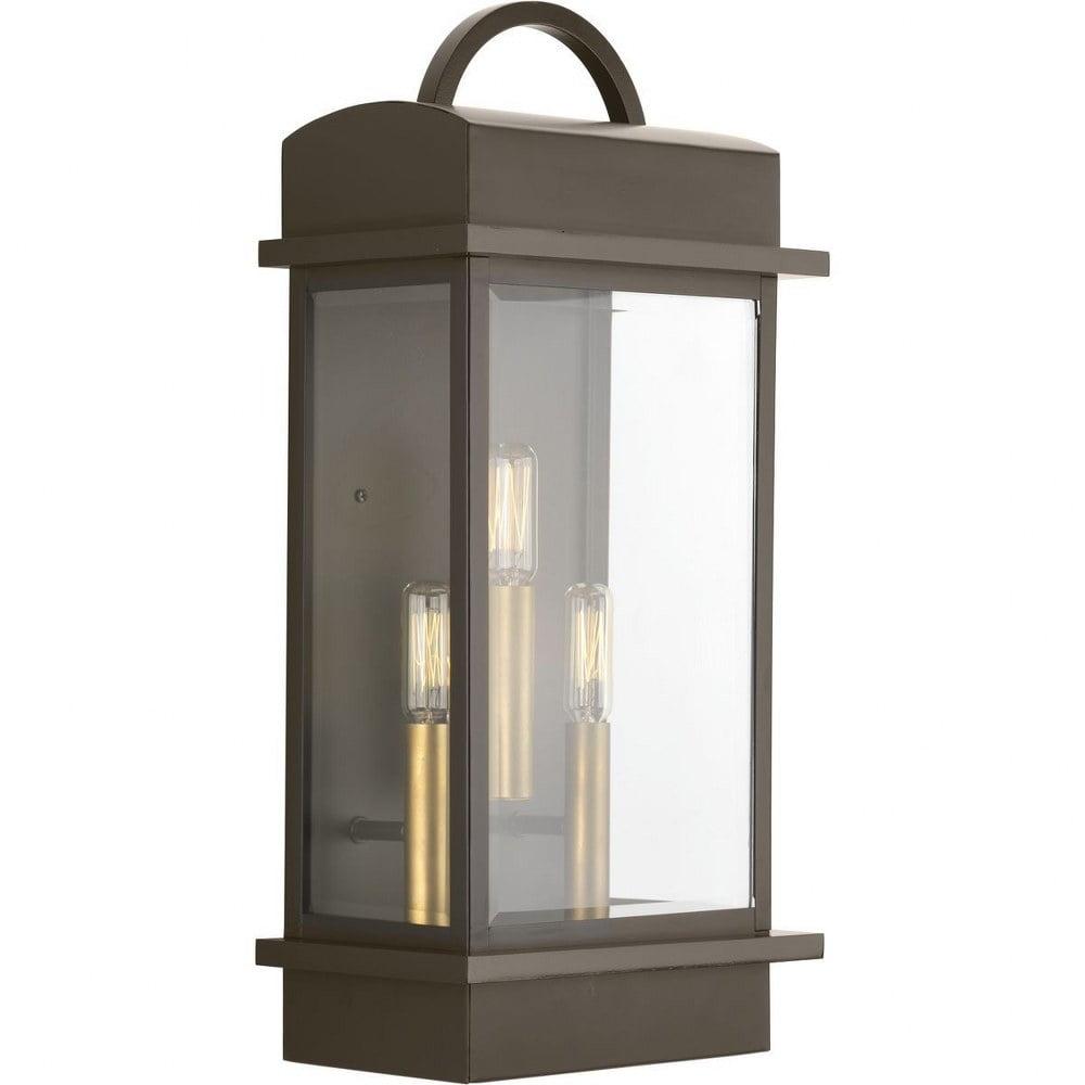 Progress Lighting Santee 3-Light Wall Lantern, Antique Bronze, Beveled Glass Shade