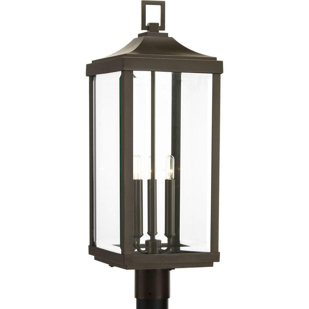 Progress Lighting, Gibbes Street, 3-Light Outdoor Post Lantern, Antique Bronze, Clear Beveled Glass