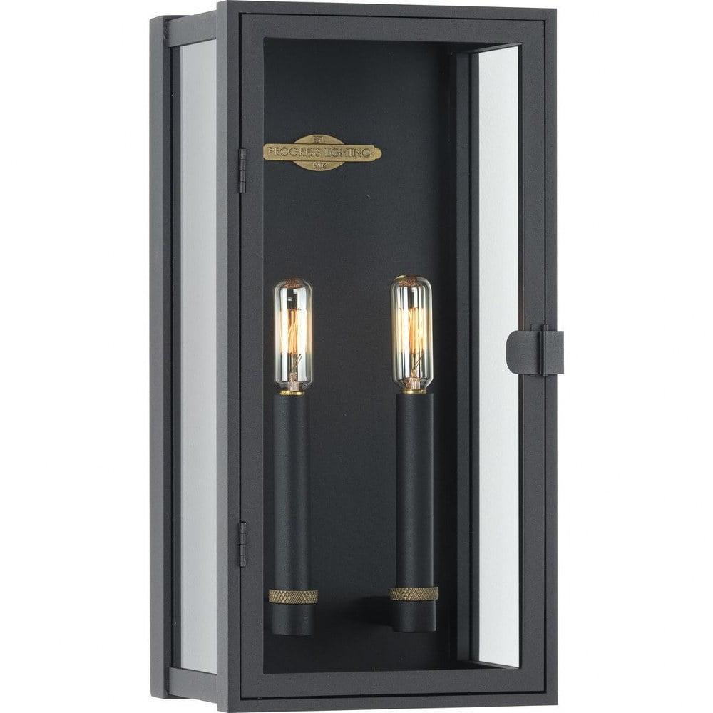 Progress Lighting Stature Collection 2-Light Outdoor Wall Lantern, Textured Black, Clear Glass Shade