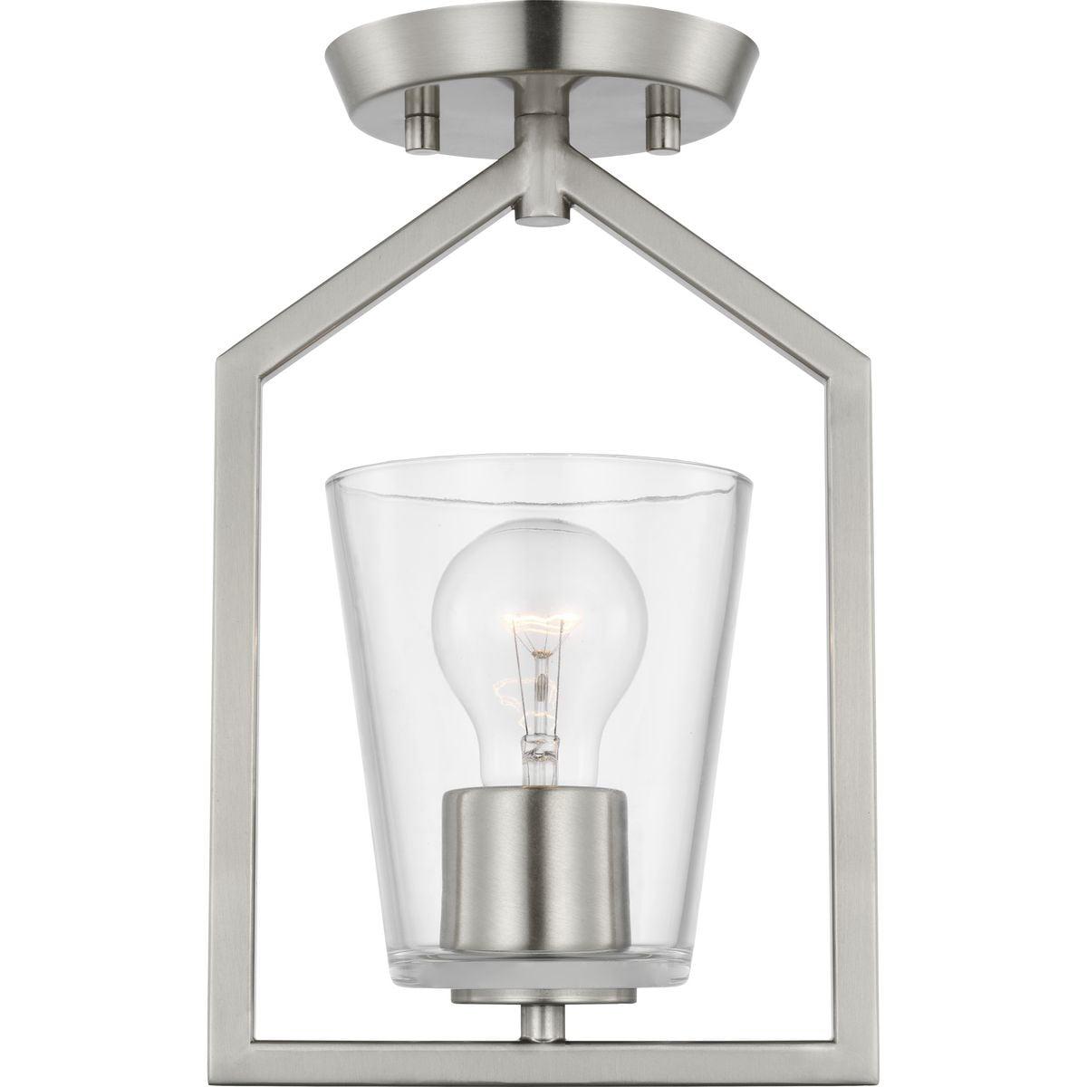 Vertex Collection One-Light Brushed Nickel Clear Glass Contemporary Semi-Flush Mount