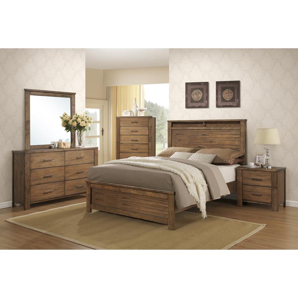 Brayden Rustic Brown Queen Wood Panel Bed with Storage Shelf