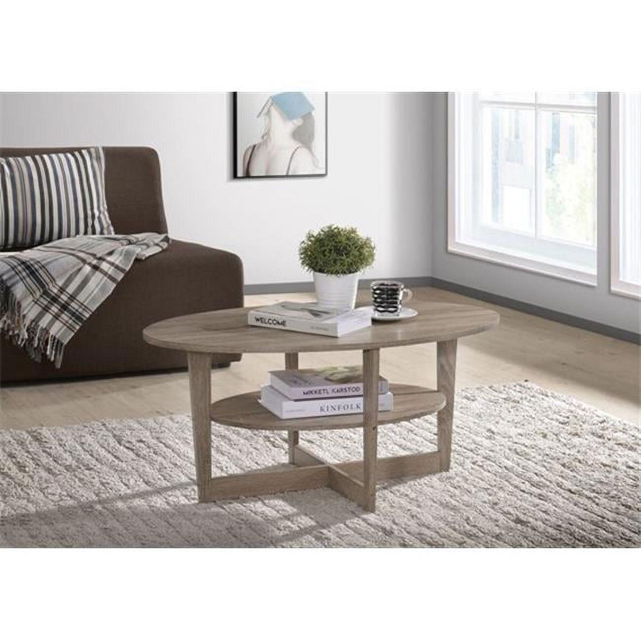 Beige Oval Wood Transitional Coffee Table with Storage Shelf