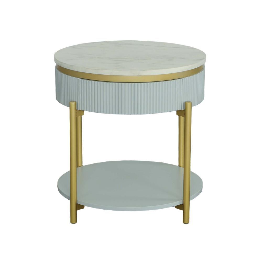 White and Gold Round Wood Metal End Table with Storage