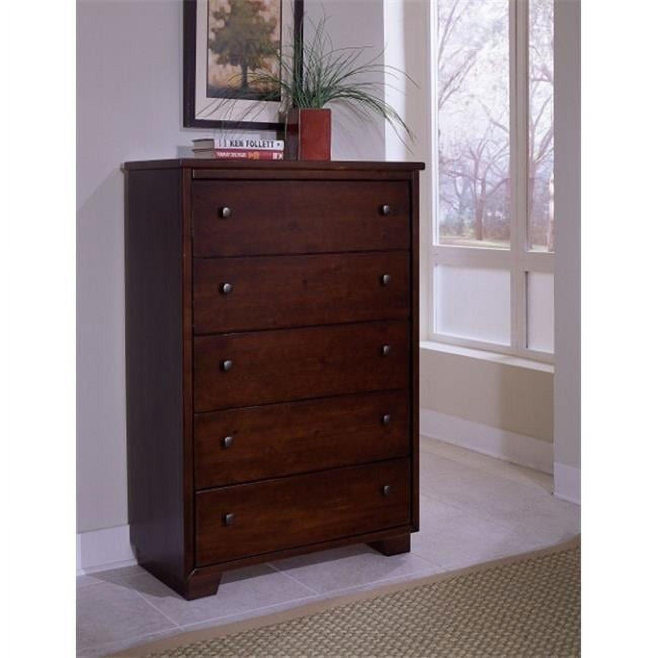 Espresso Pine Transitional 5-Drawer Chest with Brass Hardware