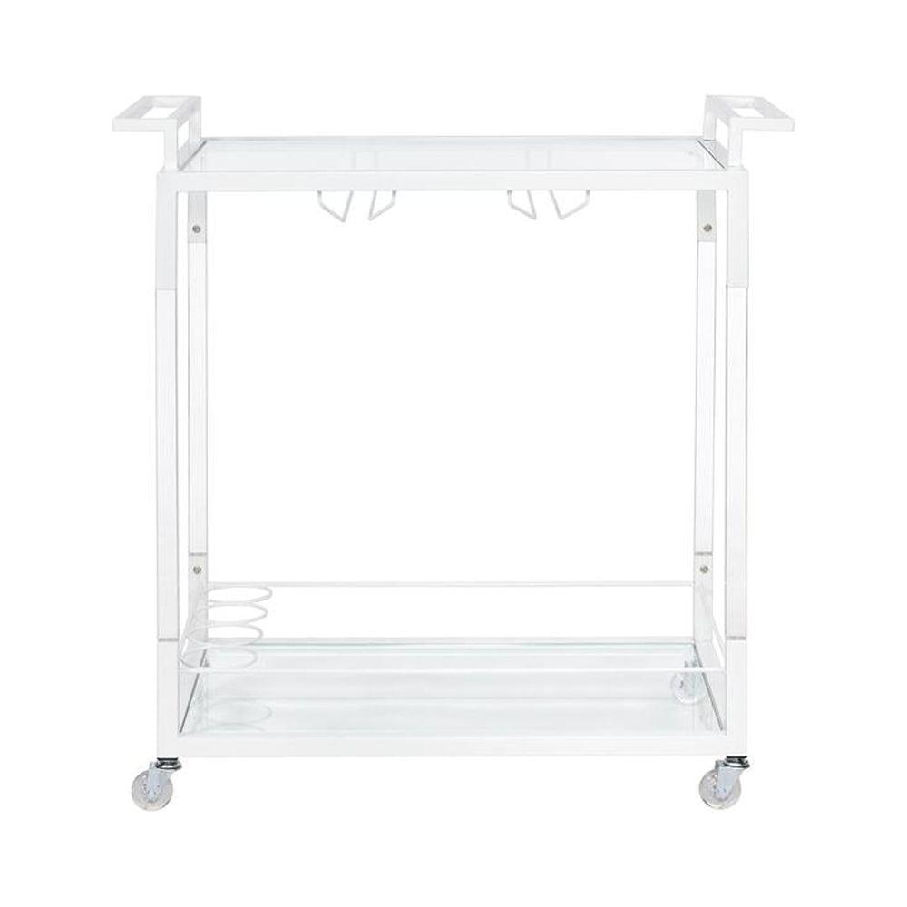 Sleek Snow White and Clear Acrylic Bar Cart with Glass Shelves