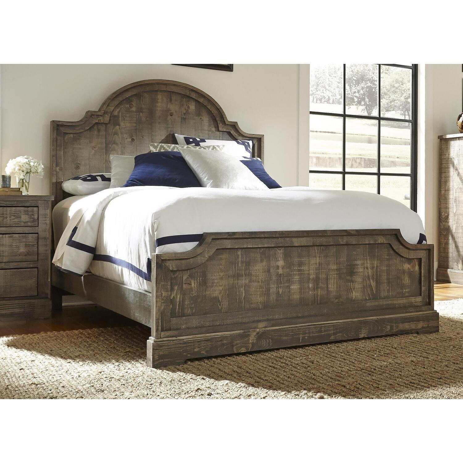 King Weathered Brown Pine Panel Bed with Arched Headboard