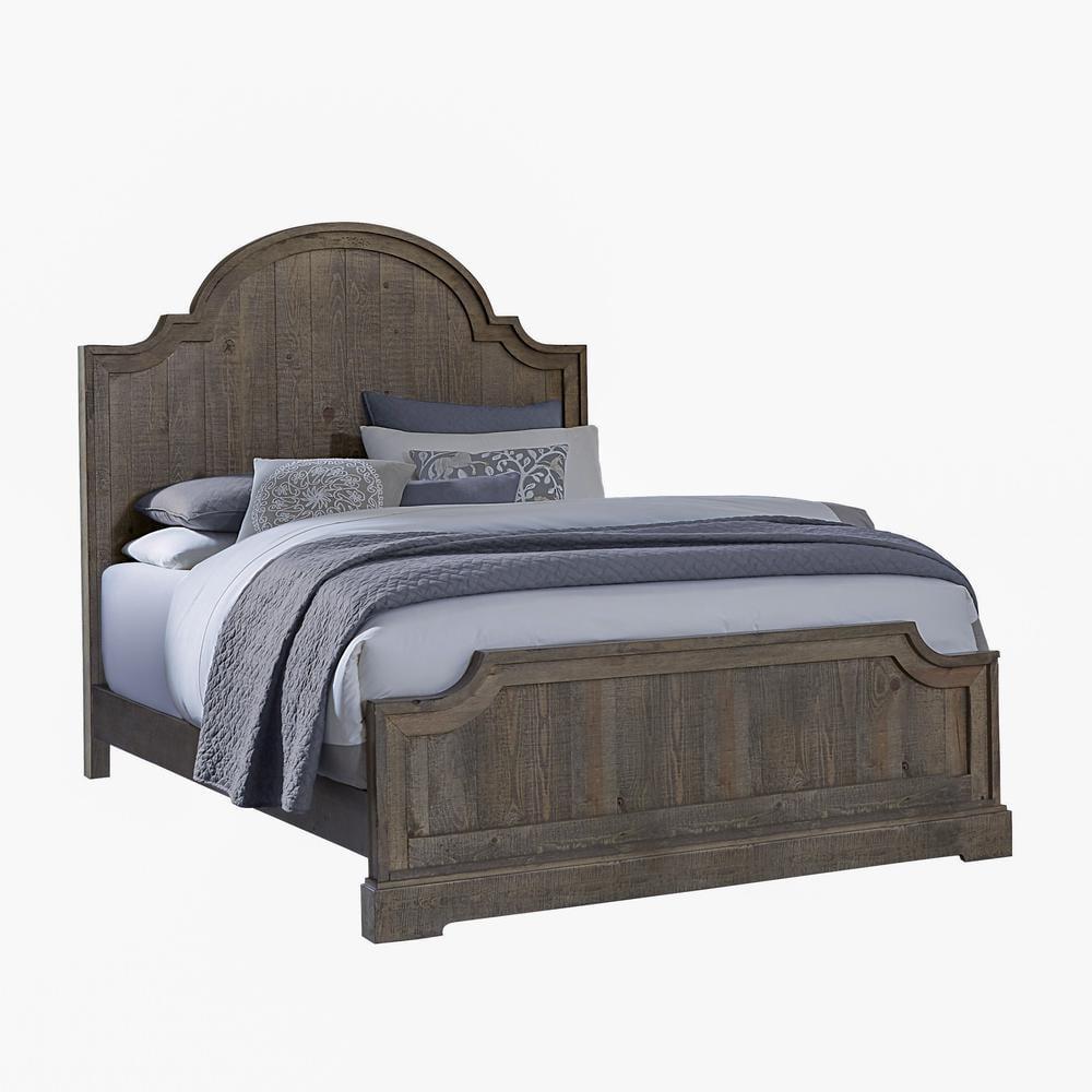 Rustic Brown Pine Queen Panel Bed with Arched Headboard