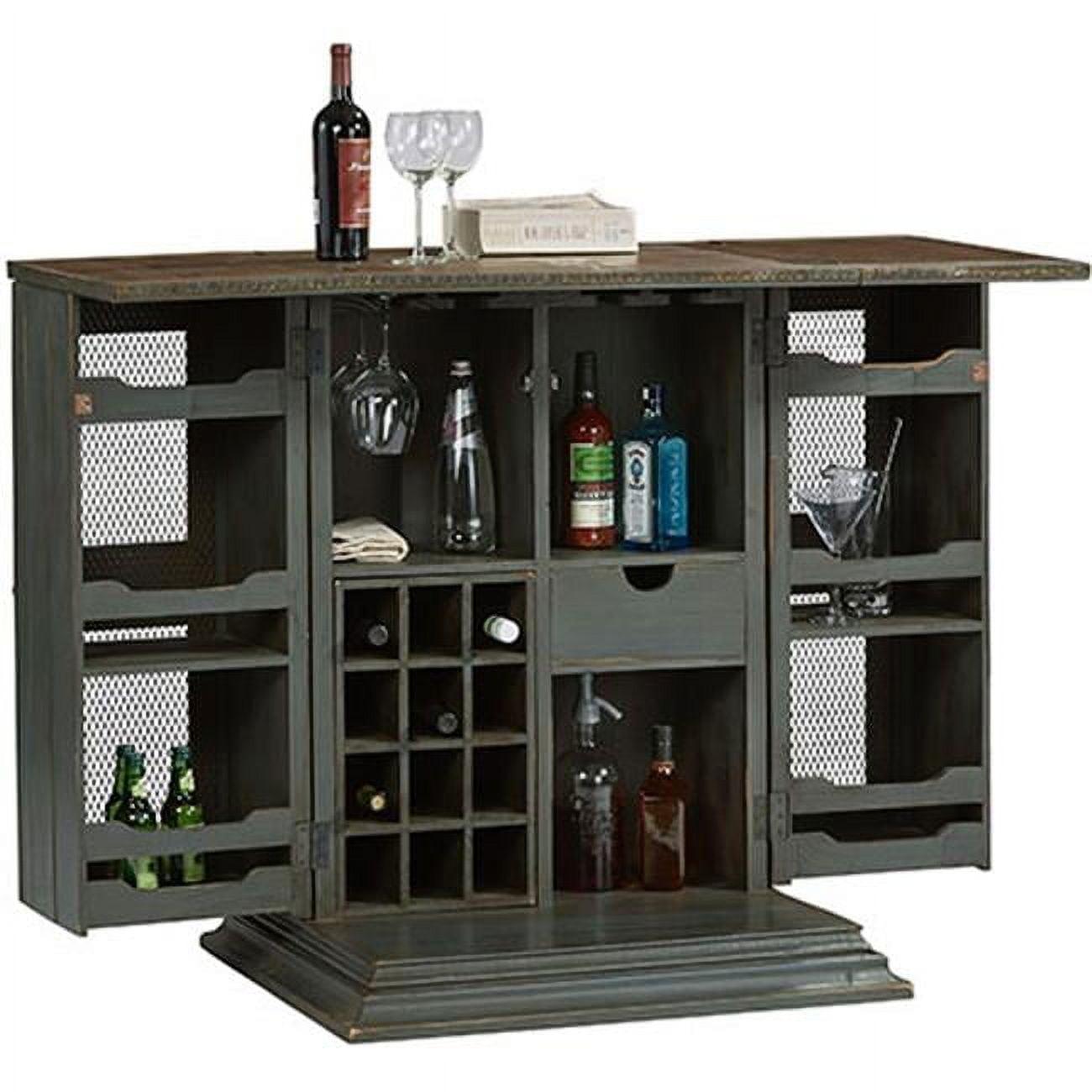 Transitional Slate Gray Solid Pine Bar Cabinet with Expandable Top