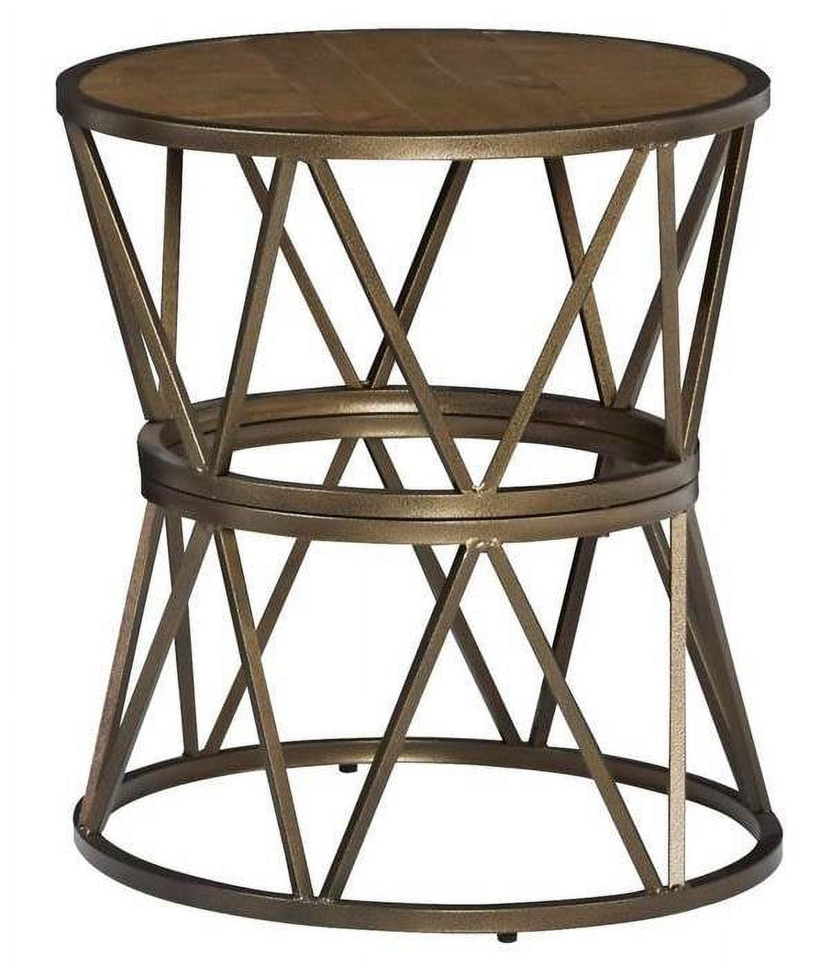 Beige and Gold Round Wood Metal End Table