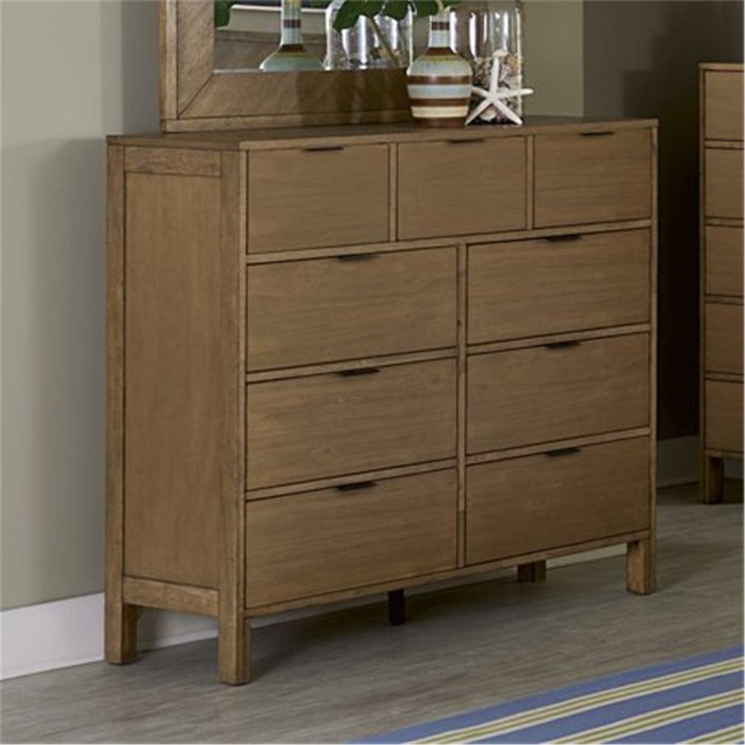 Rustic Jute-Brown 9-Drawer Dresser with Bronze Accents