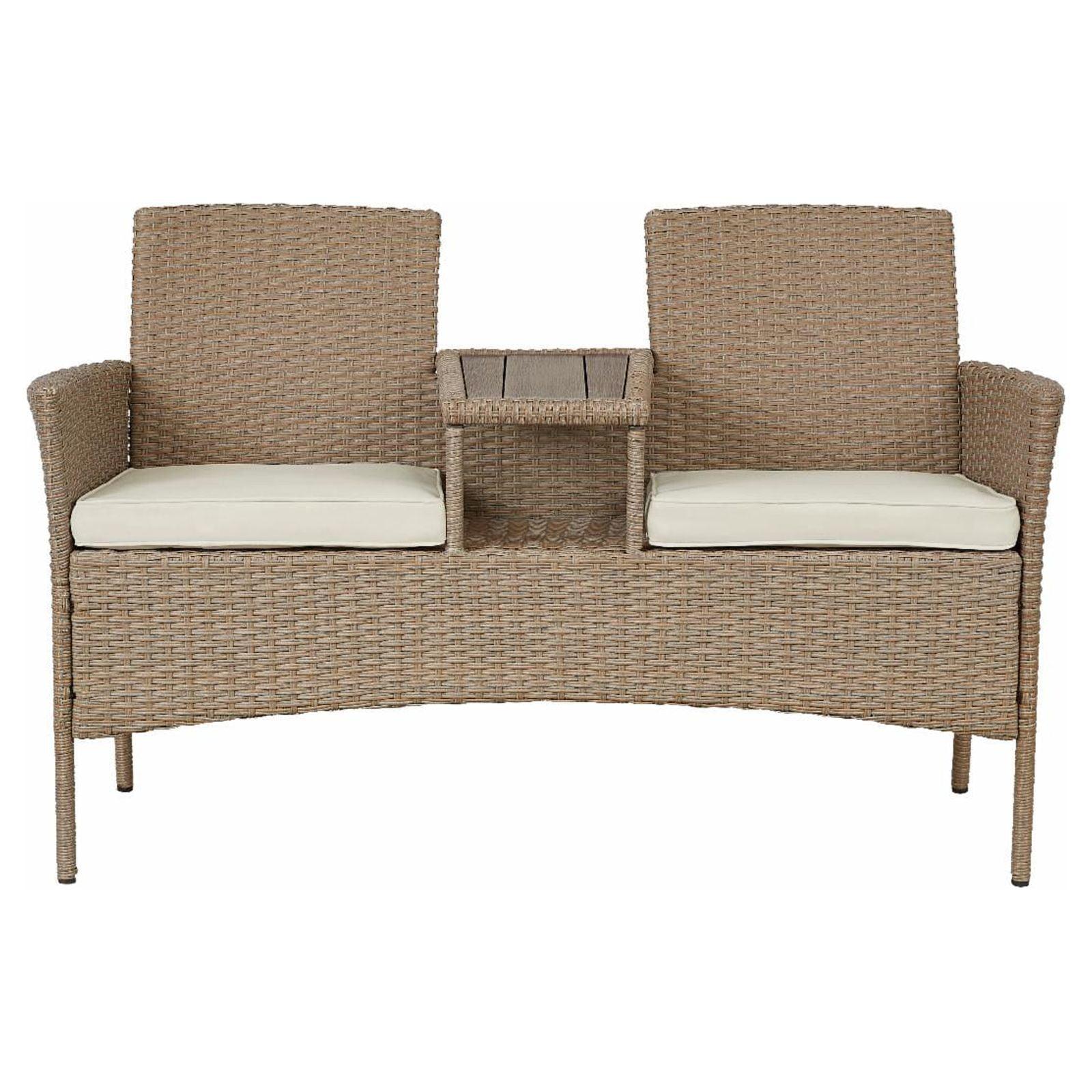 Beige Wicker and Plastic Two-Seat Outdoor Loveseat with Tray