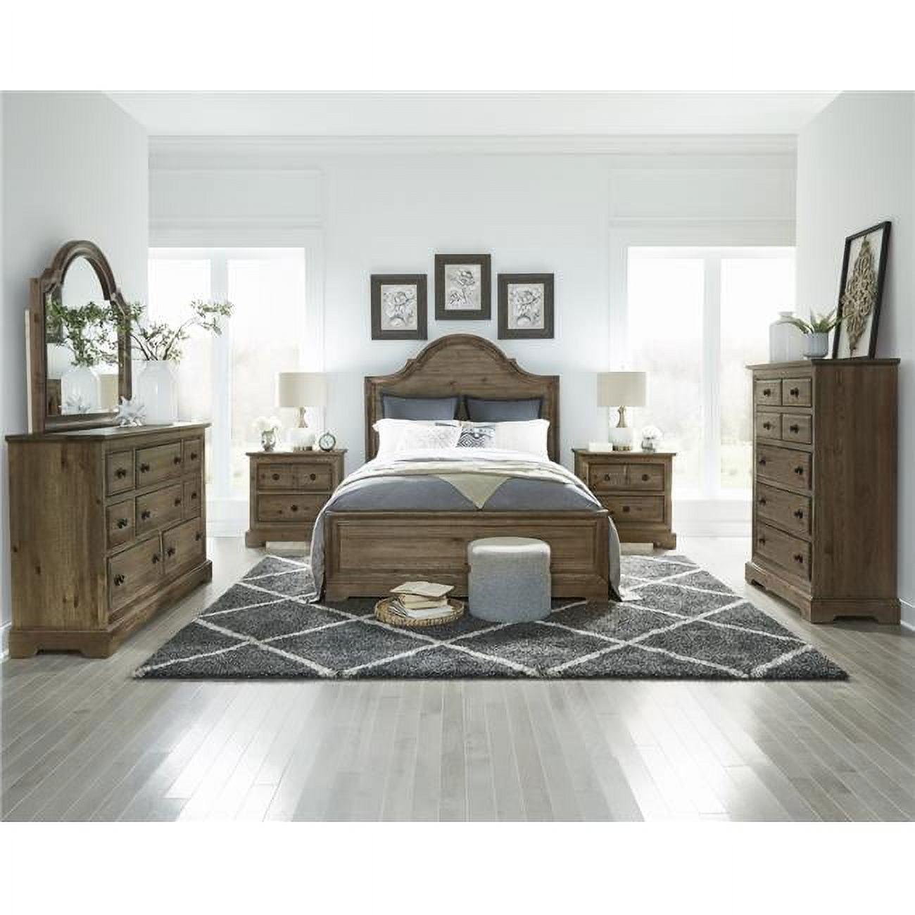 Caramel Brown Pine Wood King Panel Bed with Arched Headboard