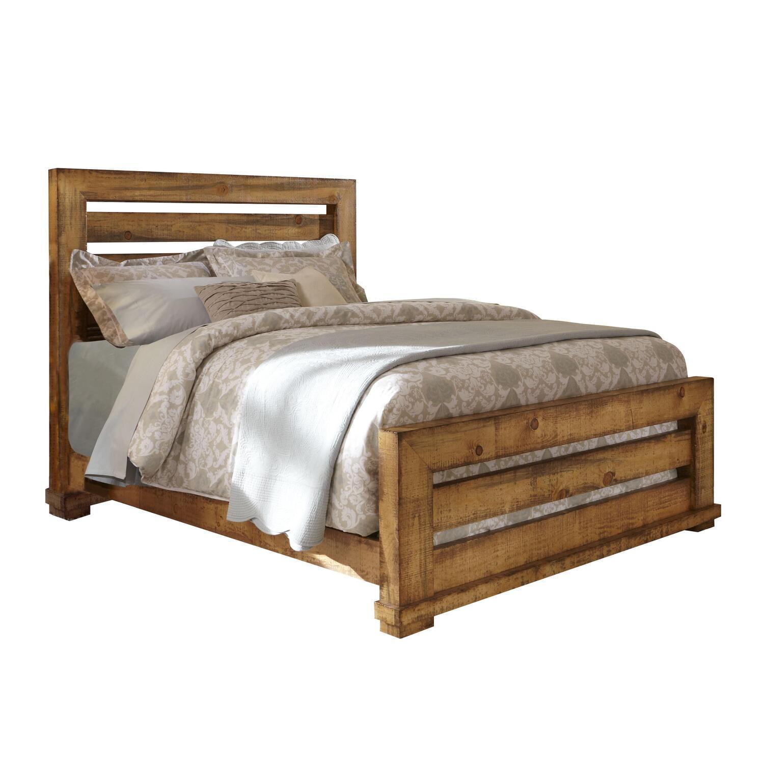 Rustic Pine King-Sized Panel Bed with Upholstered Headboard