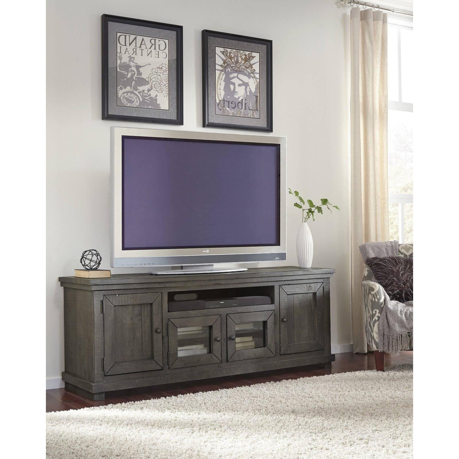 Transitional Gray 74" Solid Pine Media Console with Adjustable Shelves