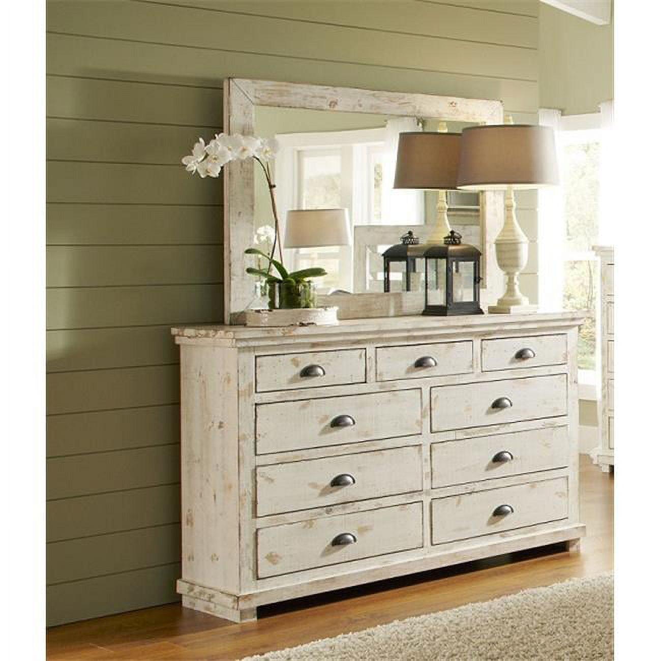 Vintage Farmhouse White Pine 7-Drawer Dresser with Wide Mirror