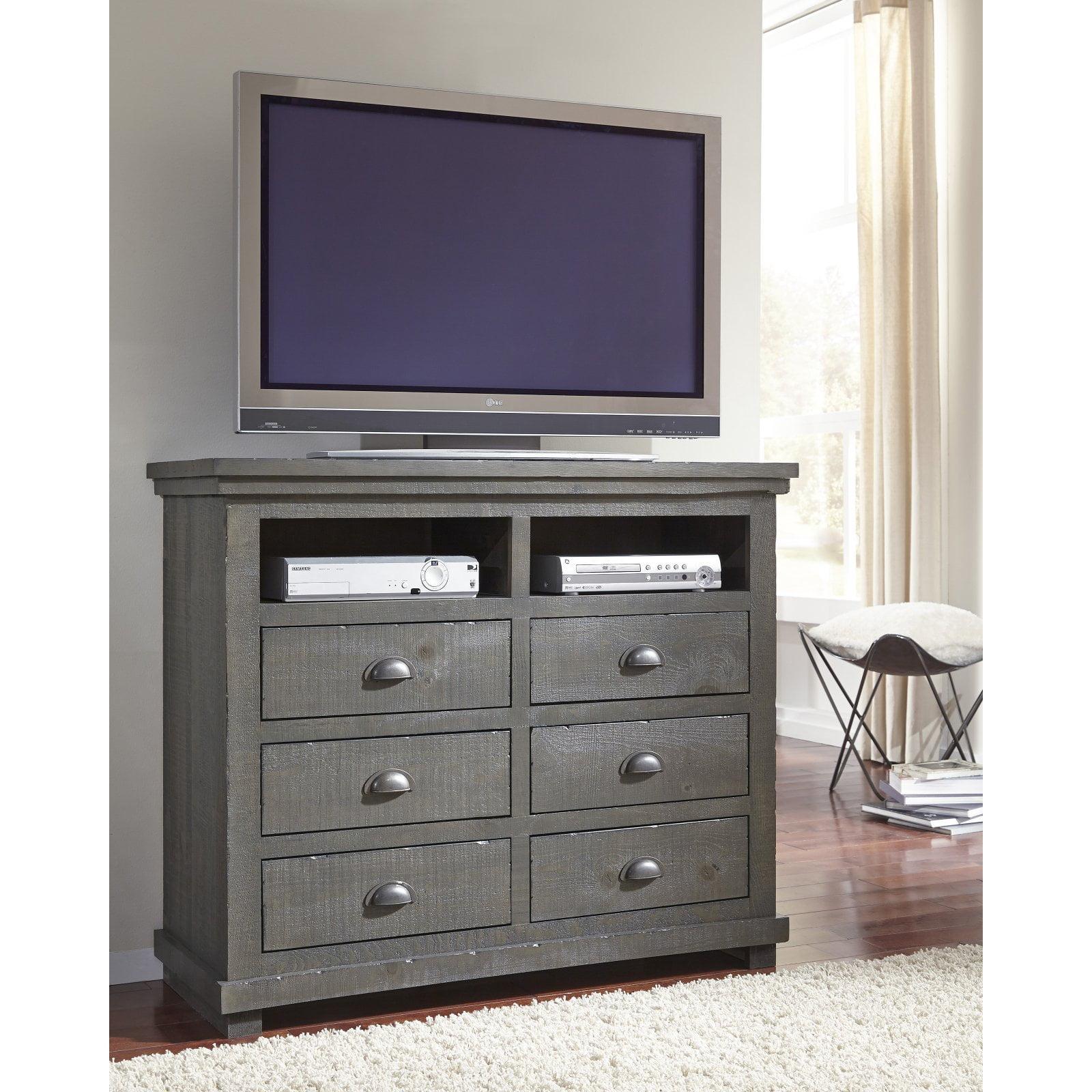 Transitional Distressed Dark Gray Pine Media Chest with Cabinet