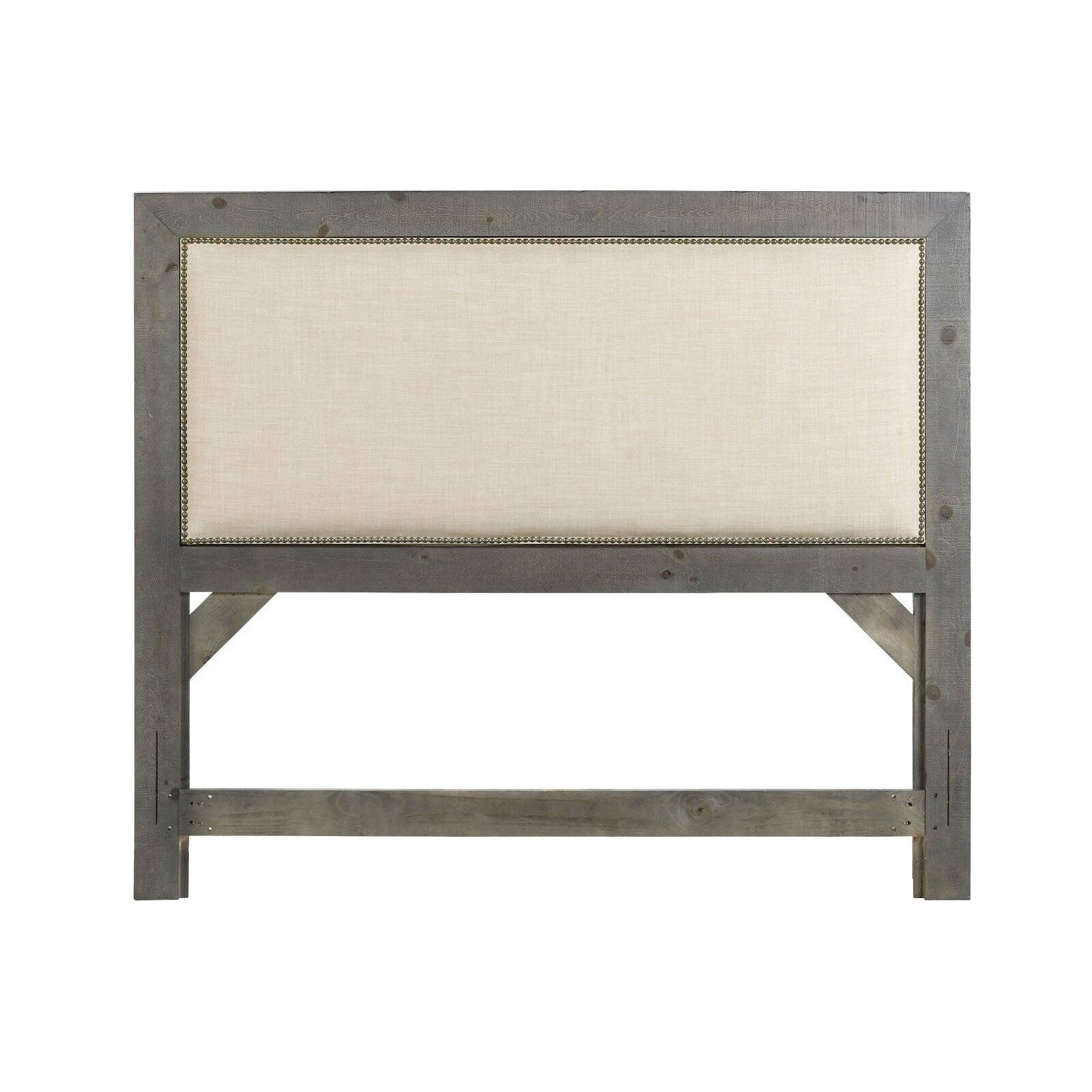 Gray Upholstered Queen Headboard with Nailhead Trim