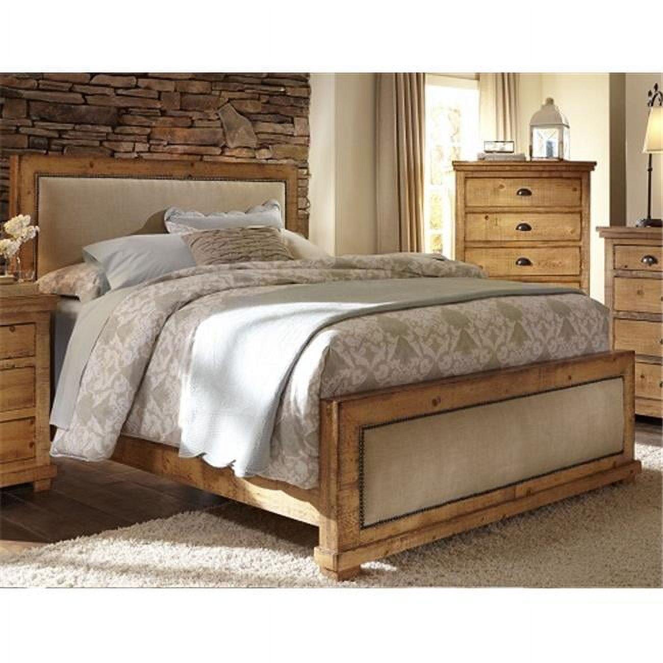 Distressed Pine Upholstered Queen Headboard with Nailhead Trim