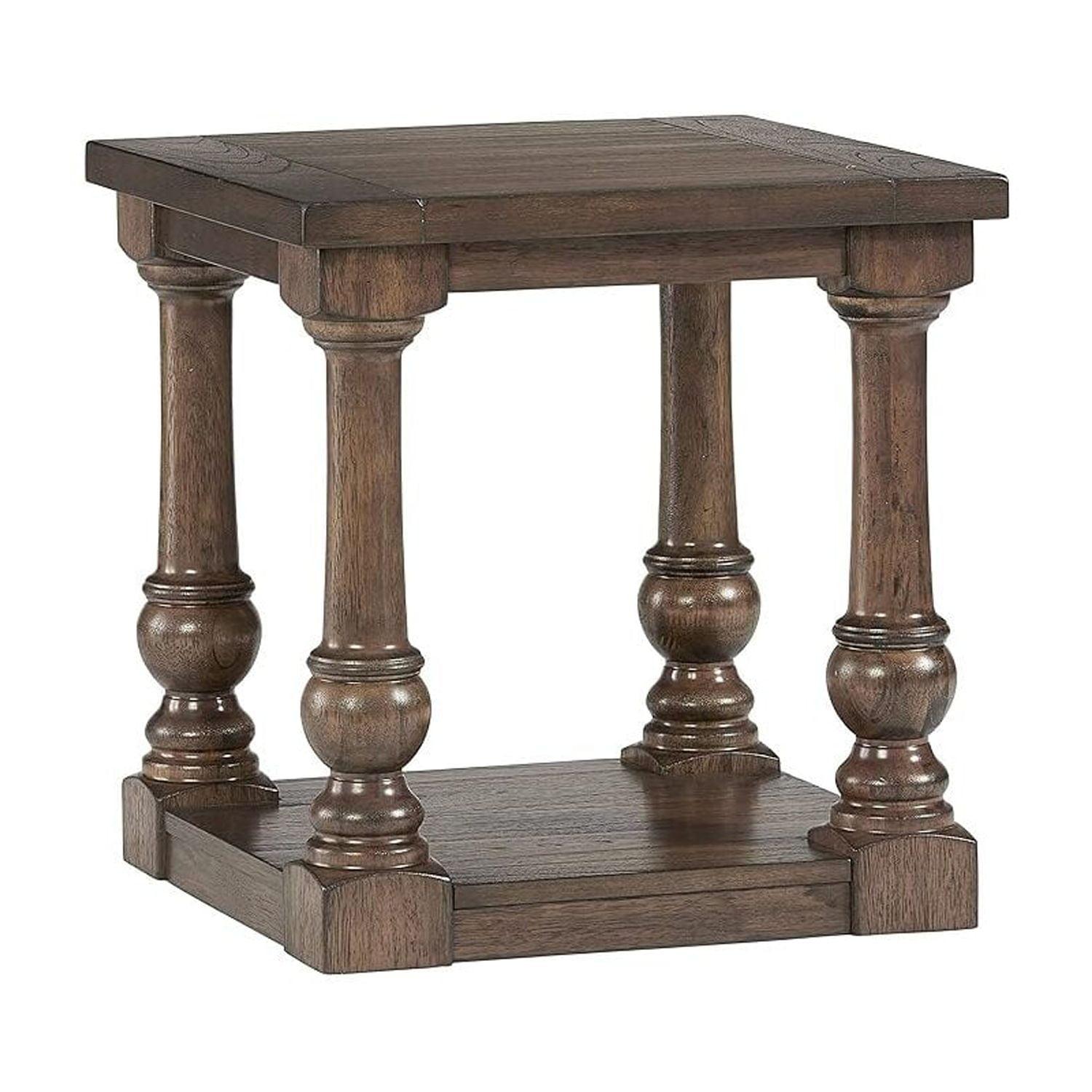 Traditional Cognac Brown Square End Table with Balustrade Shelves