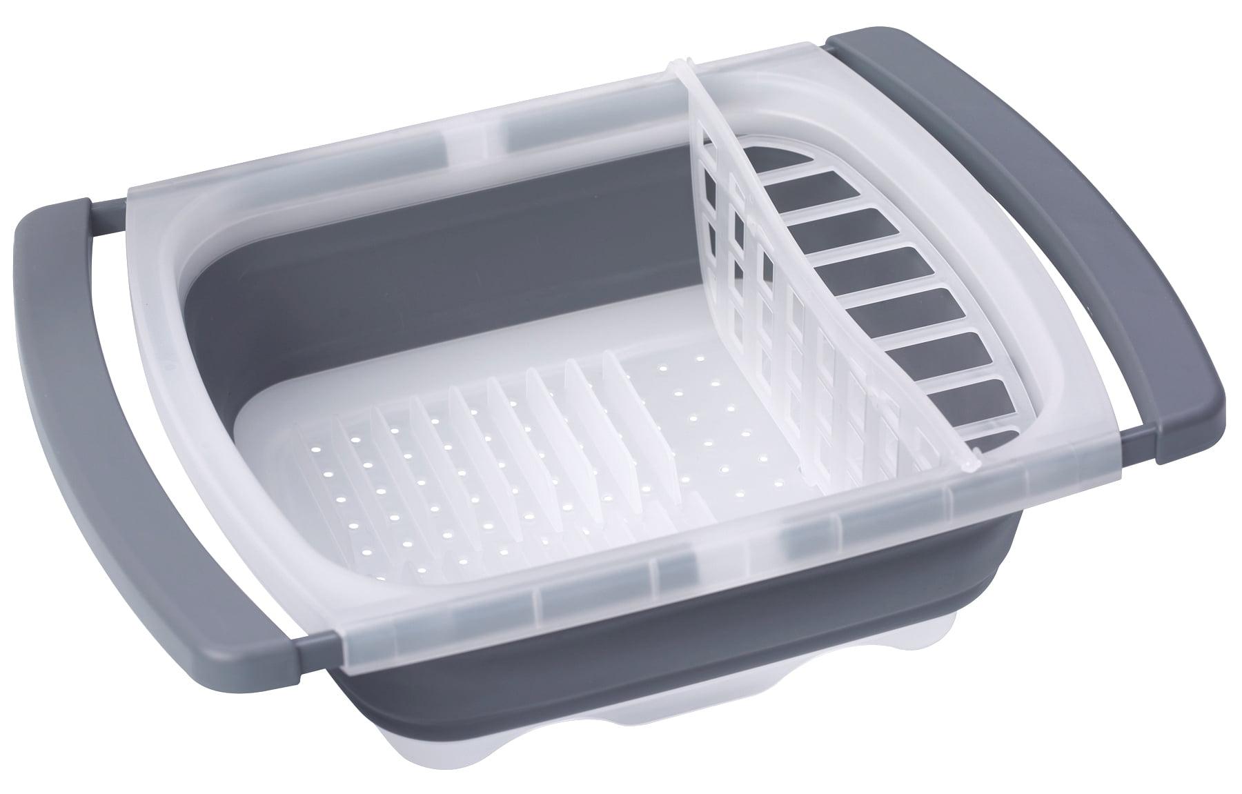 Clear and Gray Foldable Dish Drainer with Utensil Cup