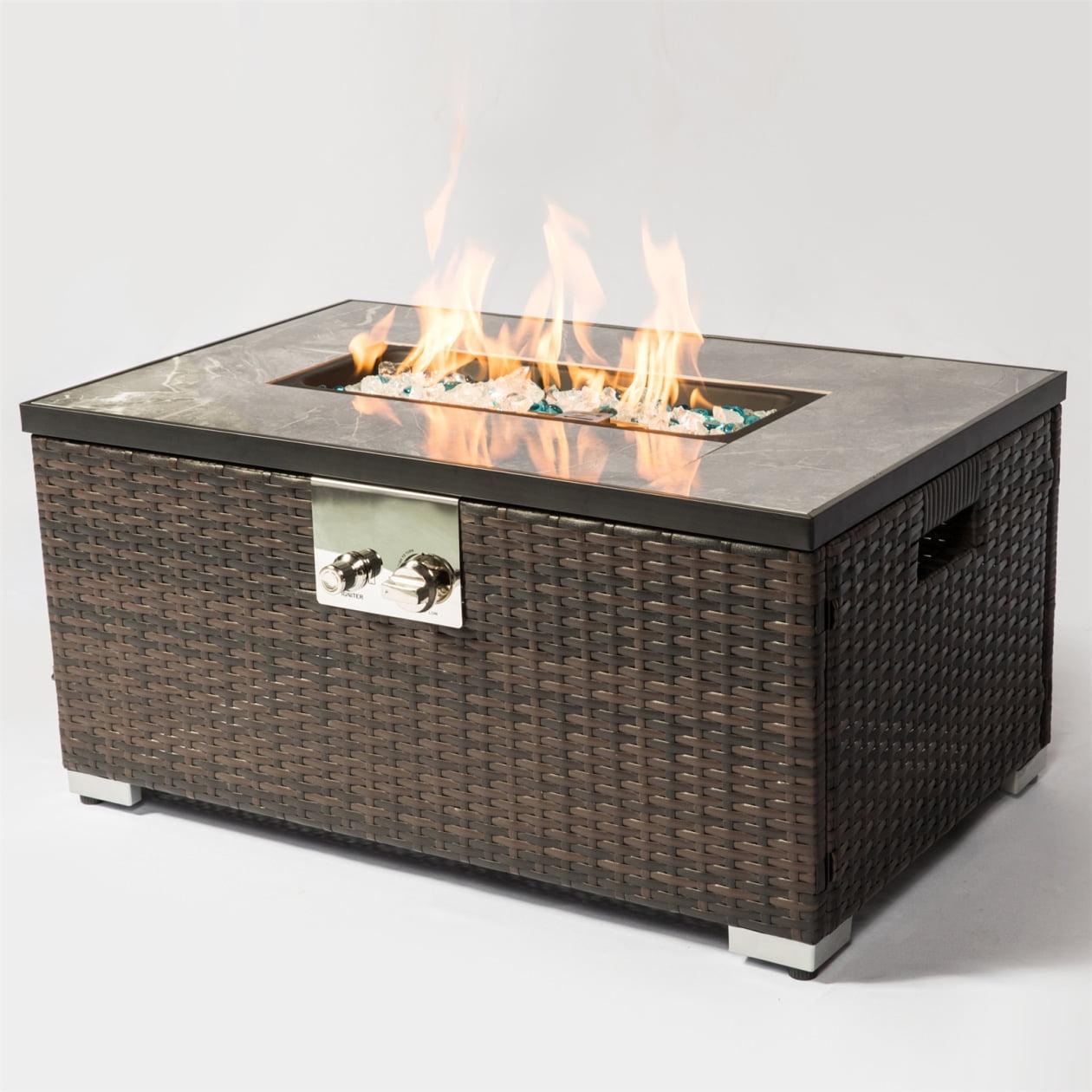 Brown 32-Inch Rectangular Rattan Propane Fire Pit Table