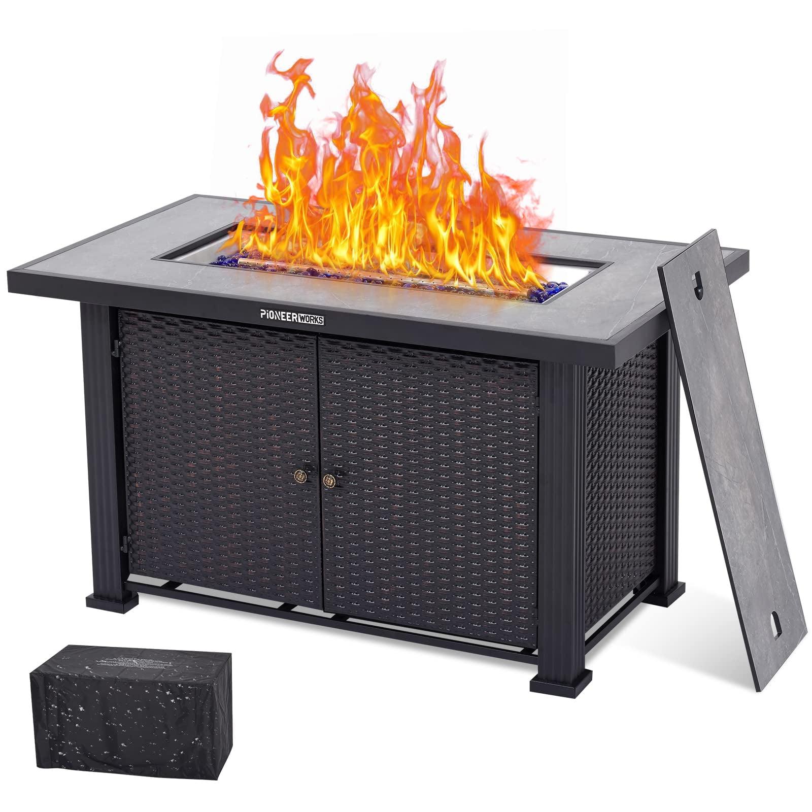 Propane Fire Pit Table 44Inch, 50000BTU Rectangle Fire Table with Cover, Adjustable Flame Auto Electronic Lgnition, Double Sided Door and Separate Storage Space
