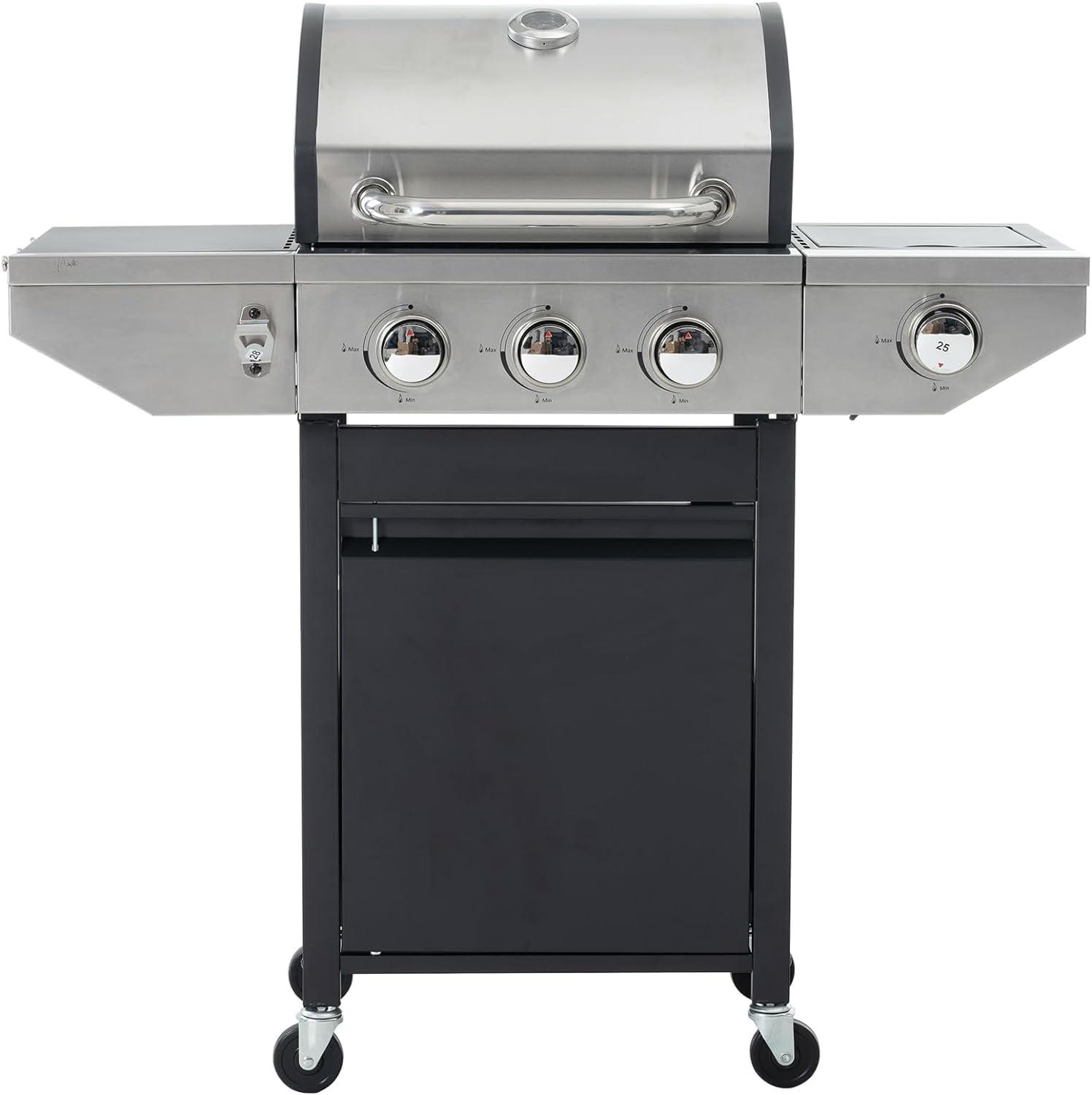 Propane Grill 3 Burner Stainless Steel BBQ Gas Grill with Side Burner, Thermometer, and Even Heating Cast Iron Grates for Outdoor BBQ and Camping