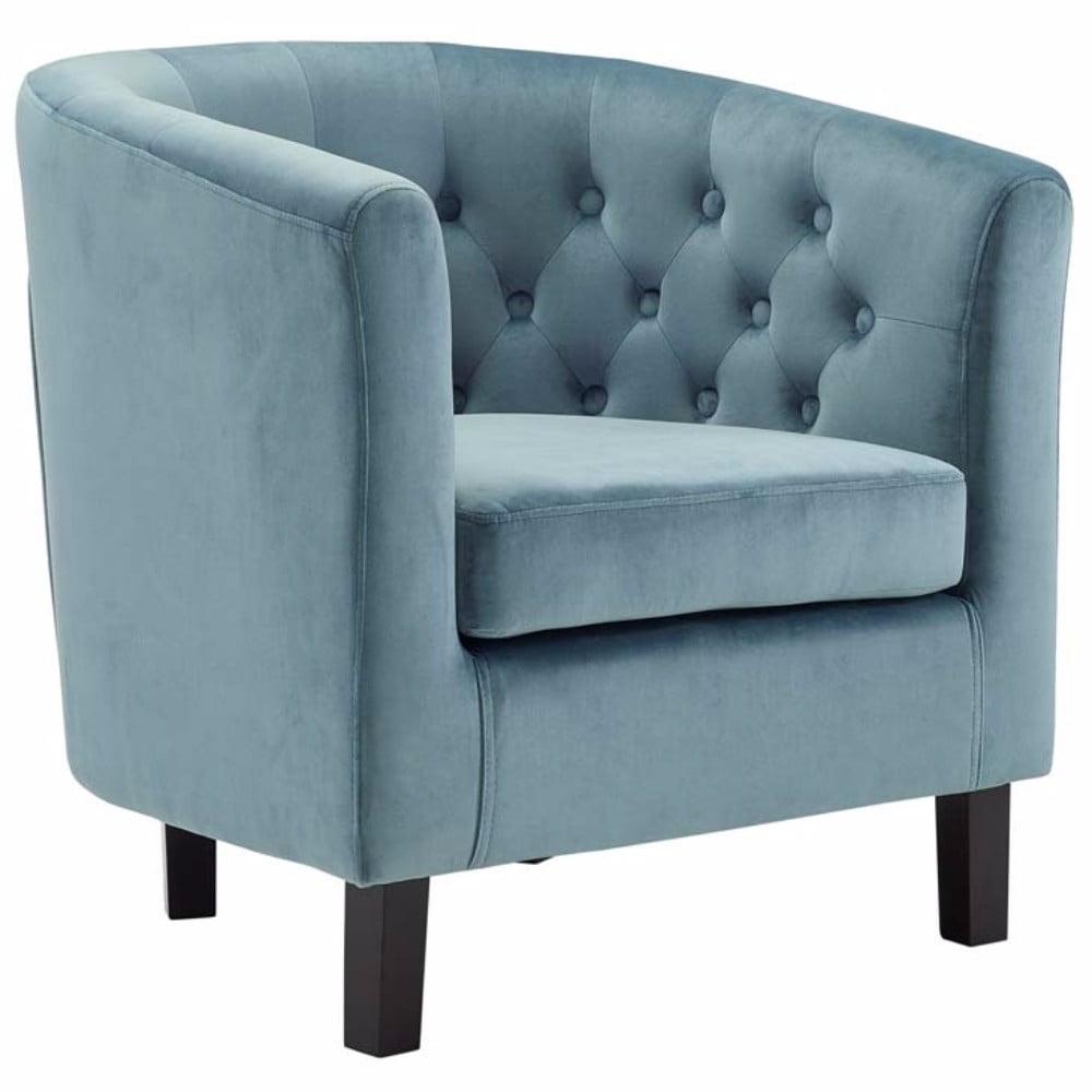Sea Blue Velvet Barrel Armchair with Espresso Wood Legs