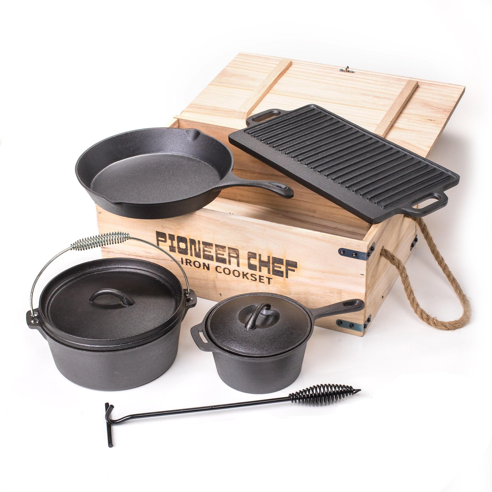 Lehman's Prospector's Iron Cookware Camping Dutch Oven Set 8 Pieces Wood Box