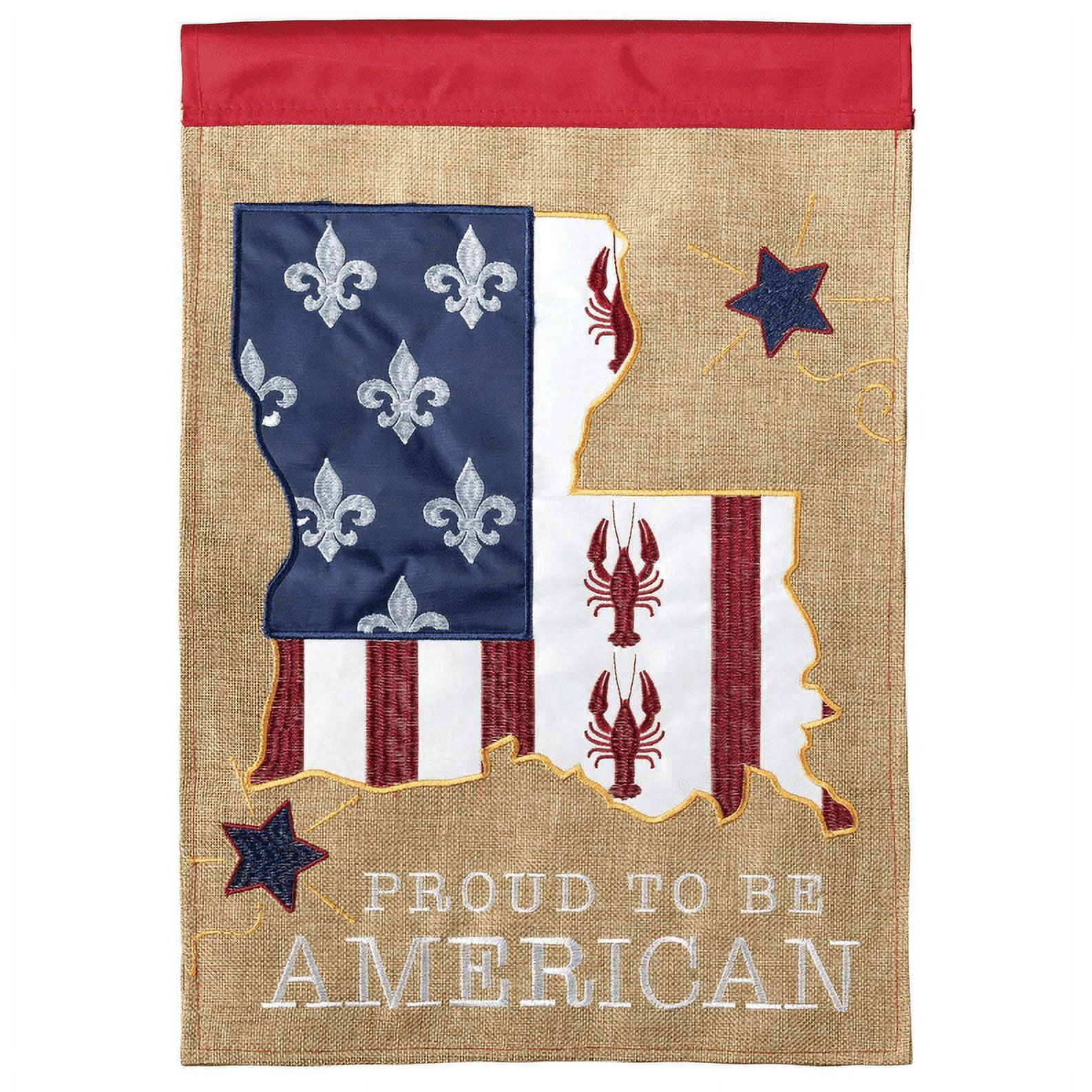 Patriotic Burlap American Flag with Fleur De Lis and Crawfish