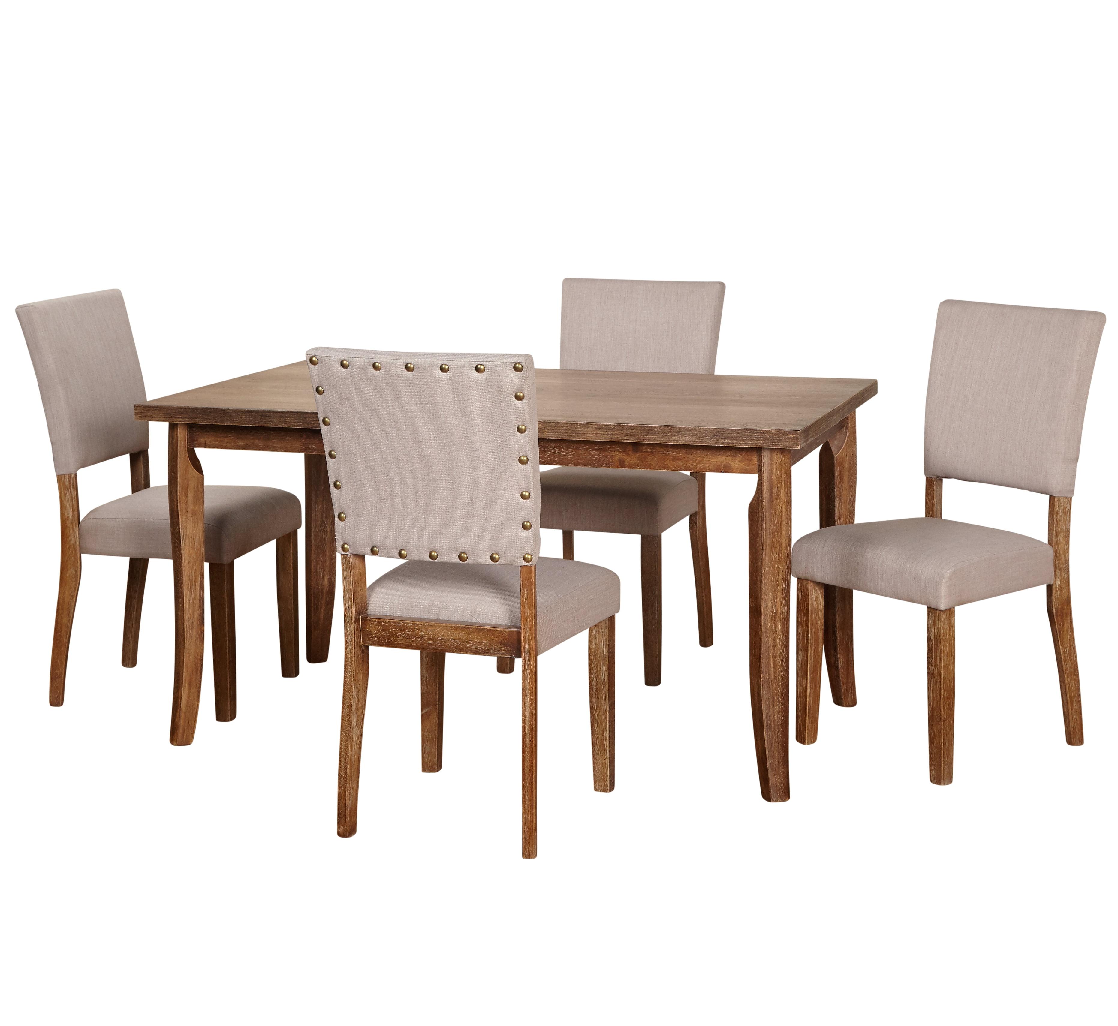 Rustic Driftwood 5-Piece Dining Set with Beige Upholstered Chairs