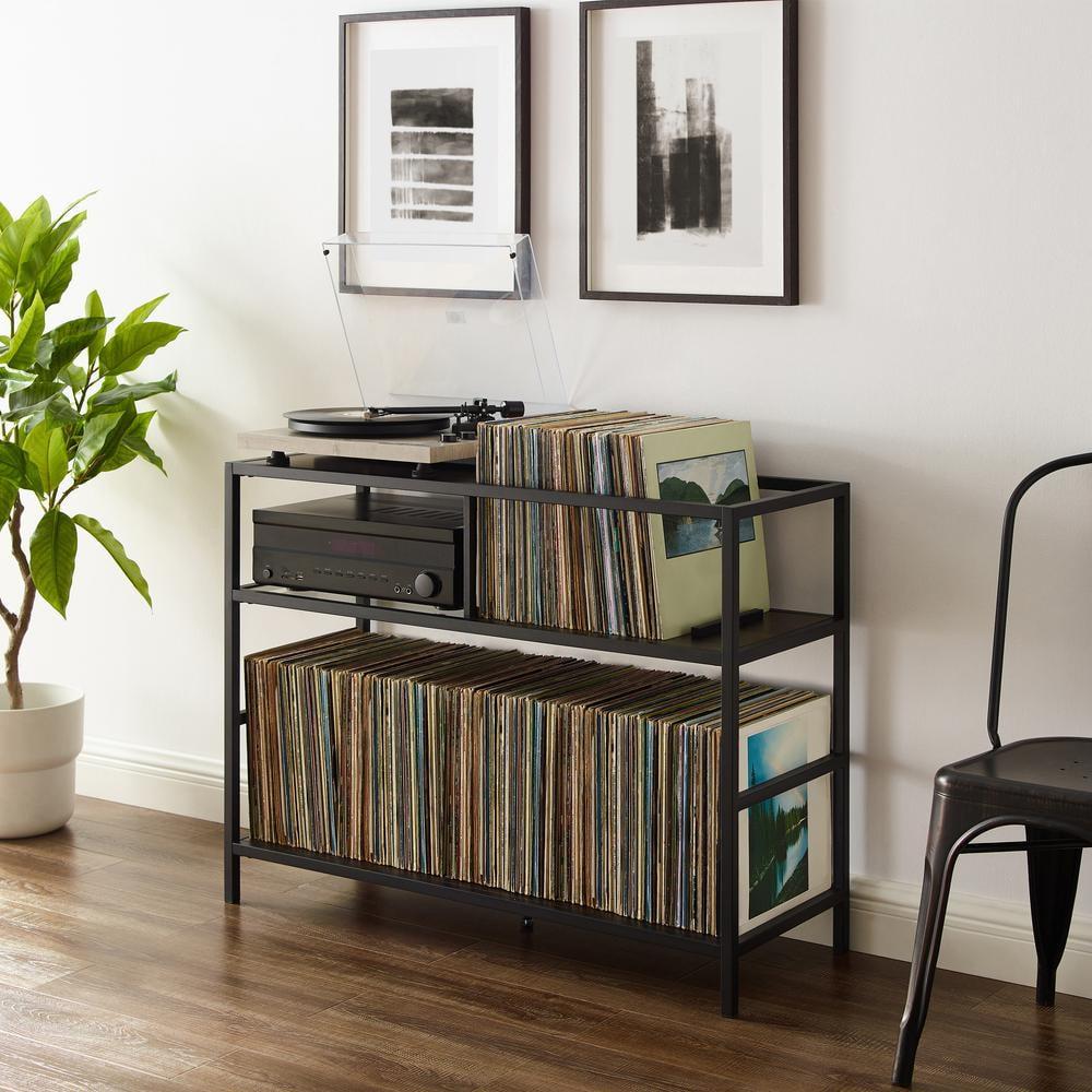 Provo Matte Black and Brown Record Storage Console with Turntable Shelf