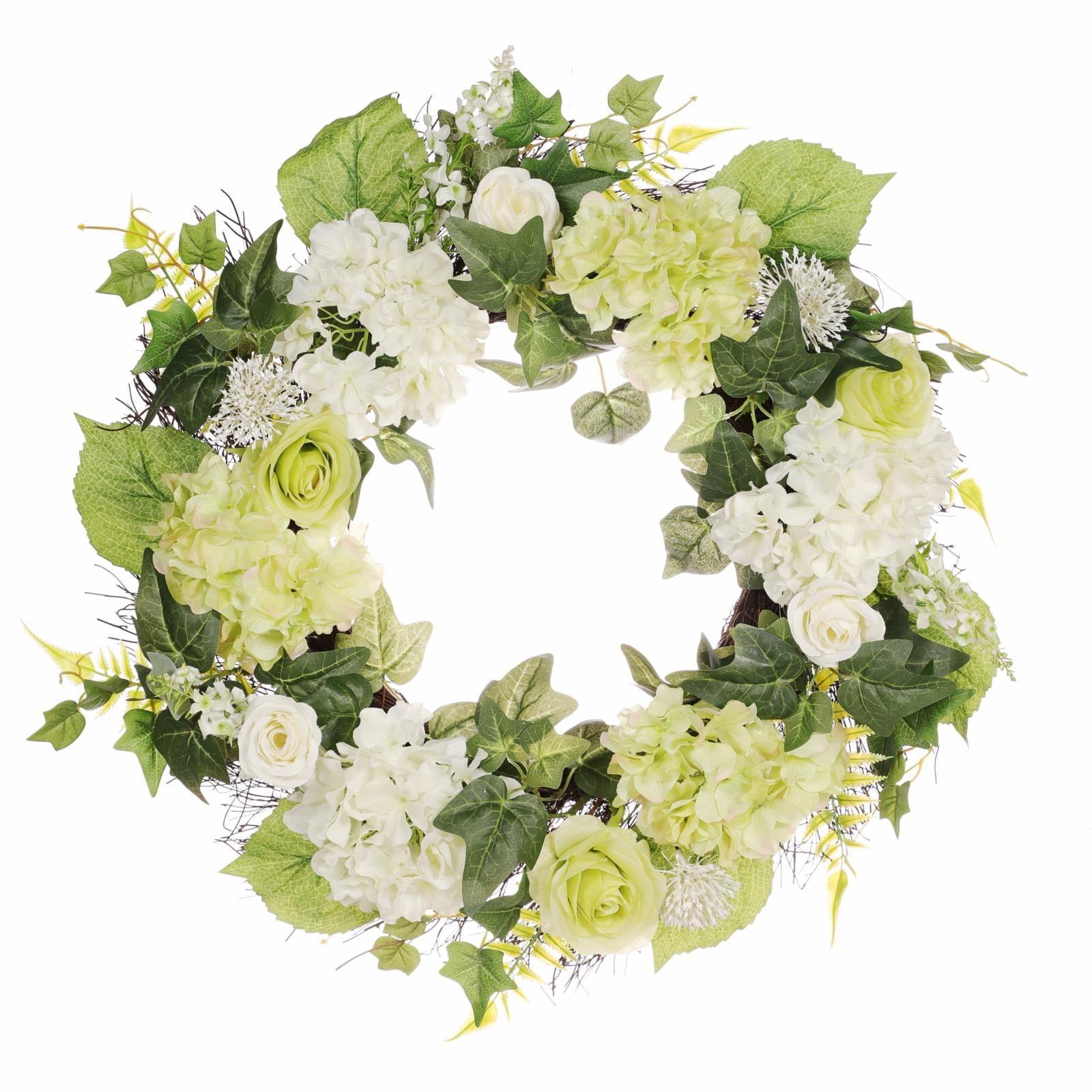 Puleo International 24 in. Artificial Hydrangea, Rose Floral Spring Wreath with Green Leaves