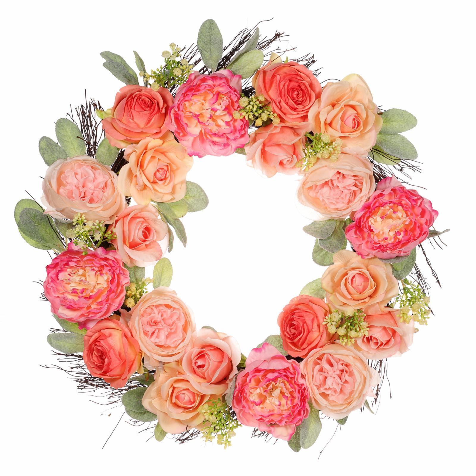 Puleo International 24 in. Artificial Peony, Rose Floral Spring Wreath with Green Leaves