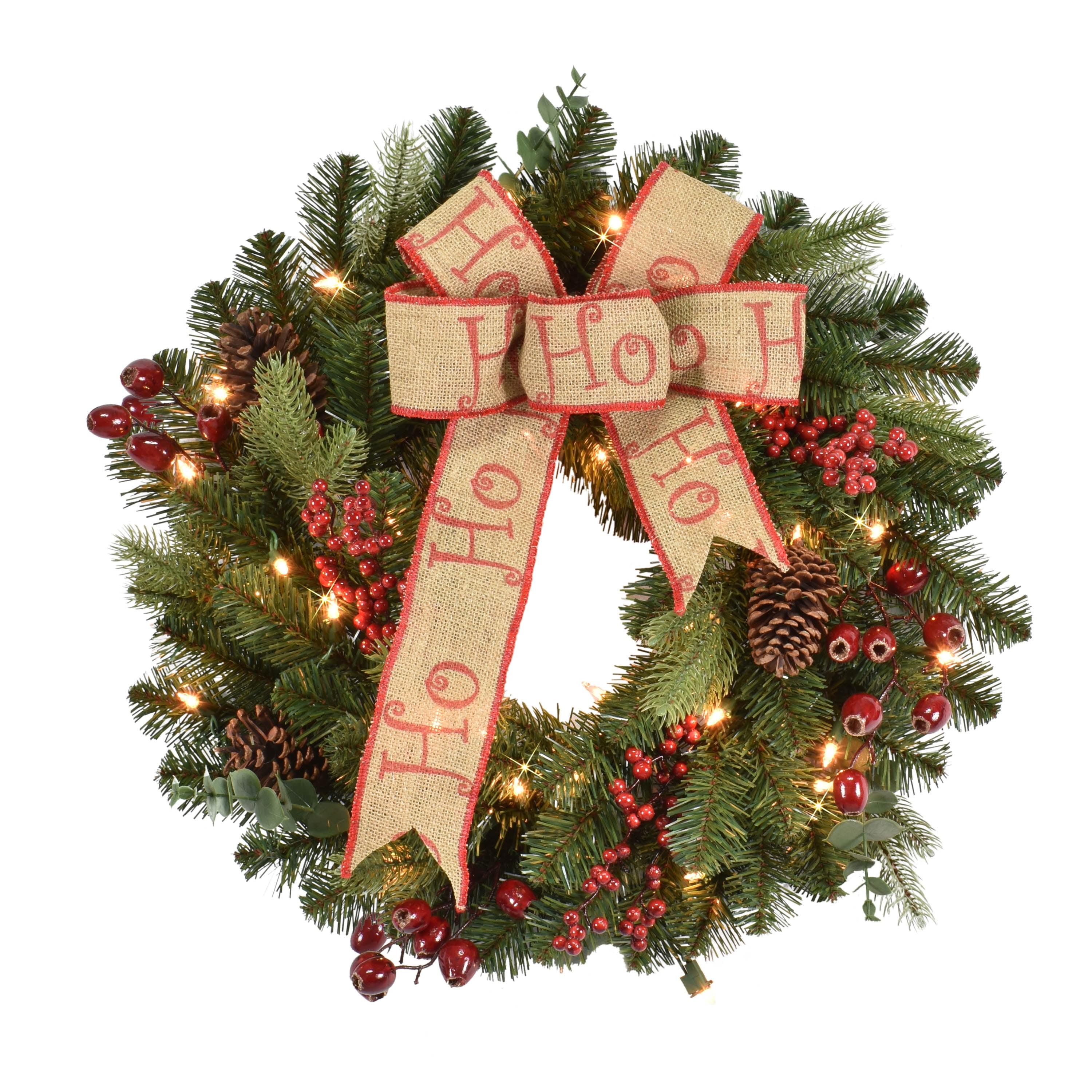 Green 30'' Pre-Lit Artificial Christmas Wreath with Burlap Ribbon