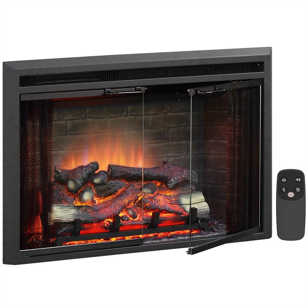 PuraFlame Black Electric Fireplace Insert with Glass Door and Mesh Screen