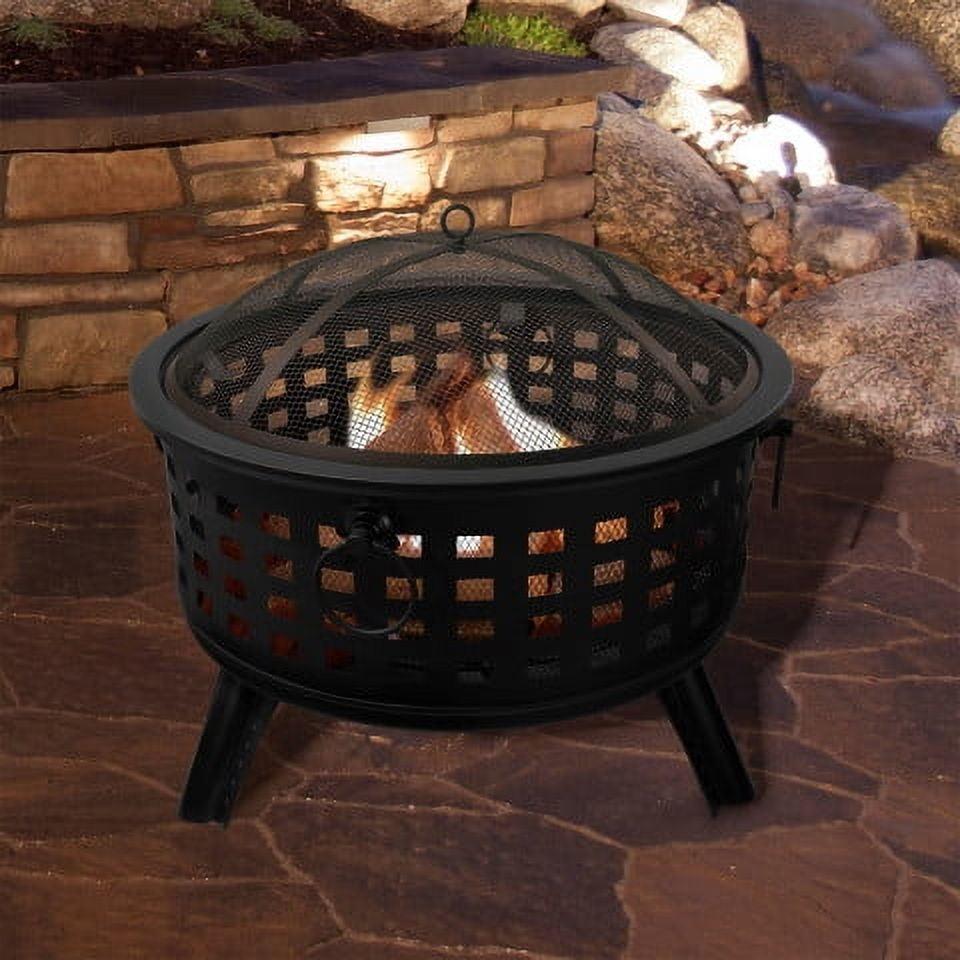 Black 26" Round Steel Wood Burning Fire Pit with Spark Screen