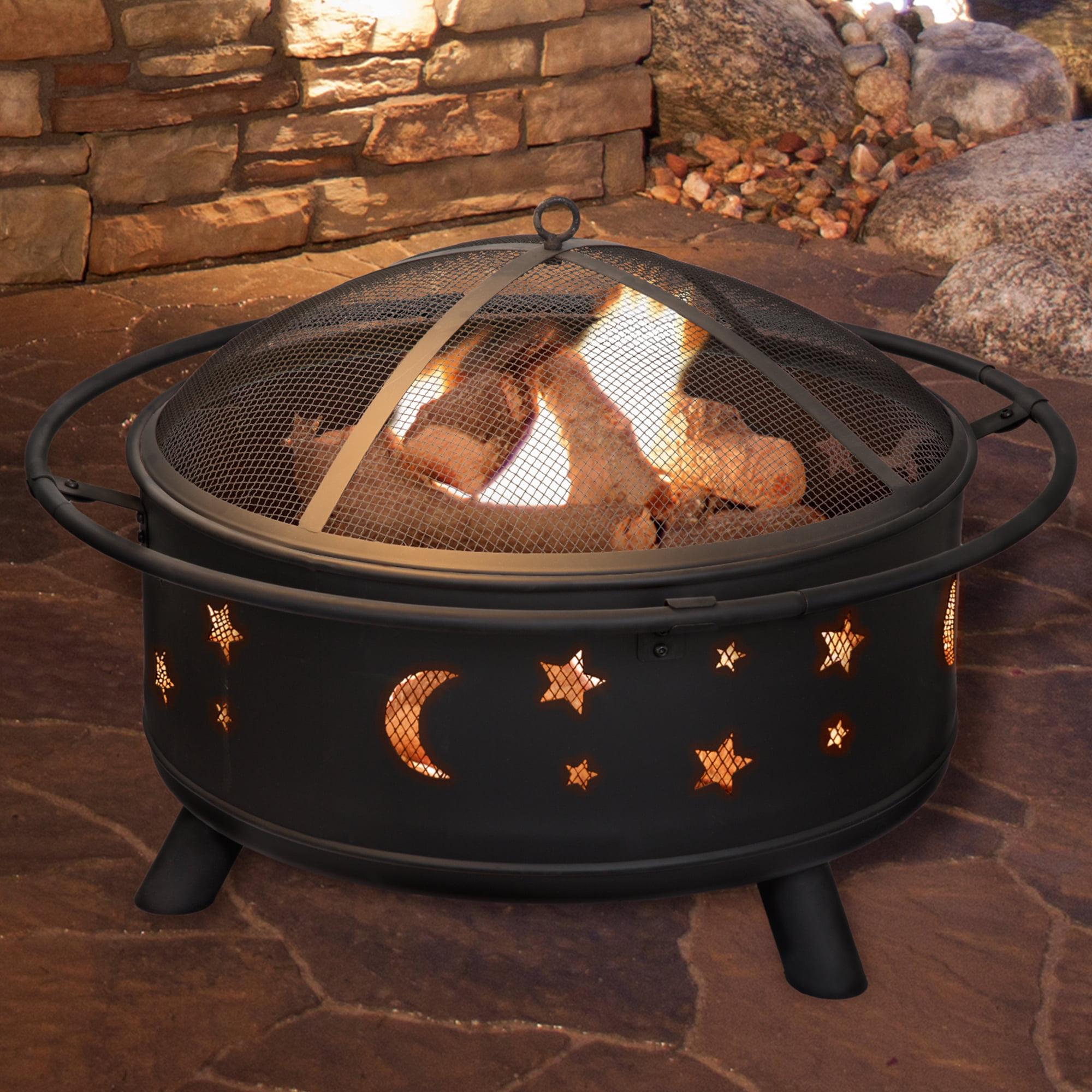 32-Inch Black Wood Burning Fire Pit with Star and Moon Cutouts