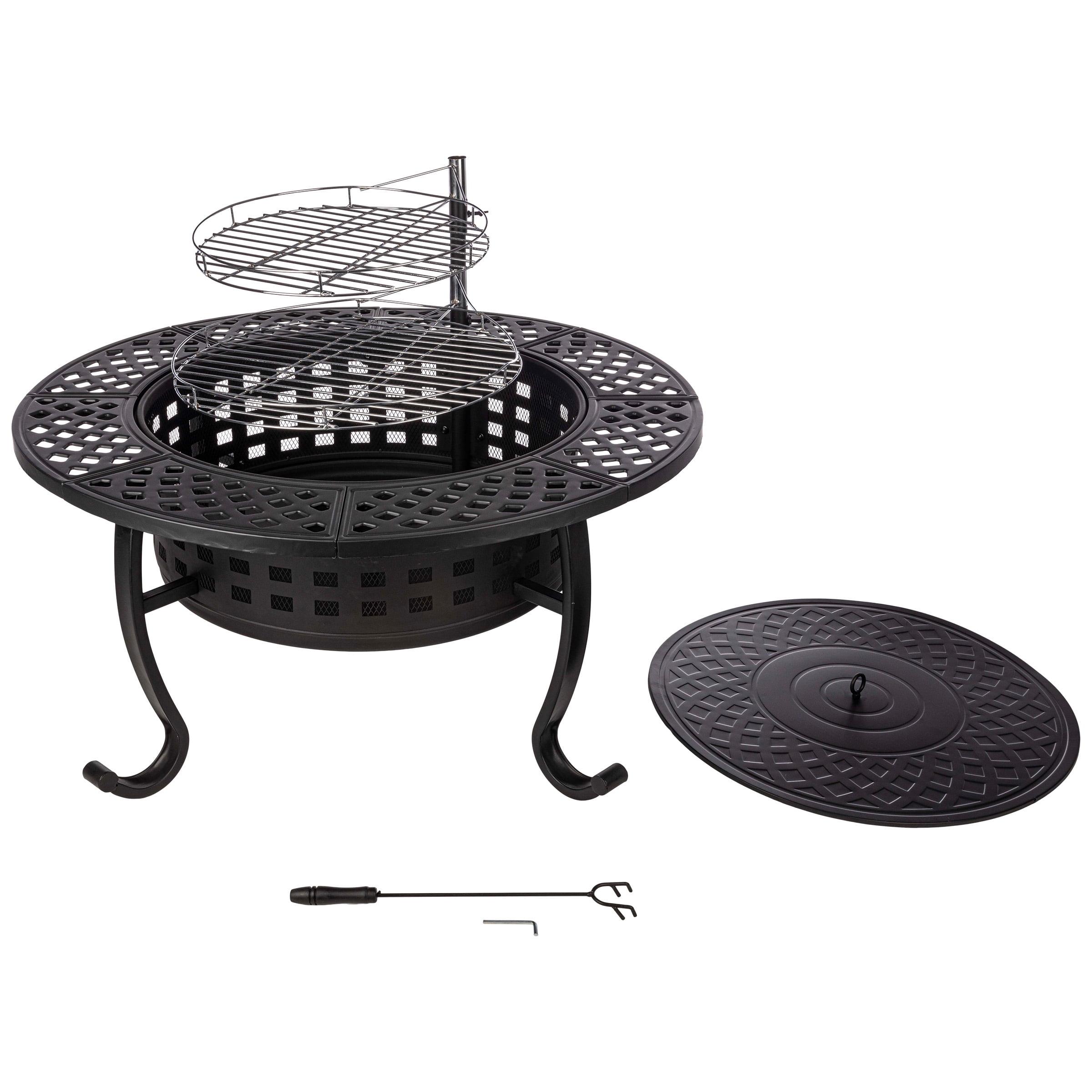 Pure Garden 37" Wood Burning Round Outdoor Fire Pit & Lid Brown: Steel Frame, Includes Poker & Cover, 4200 BTU