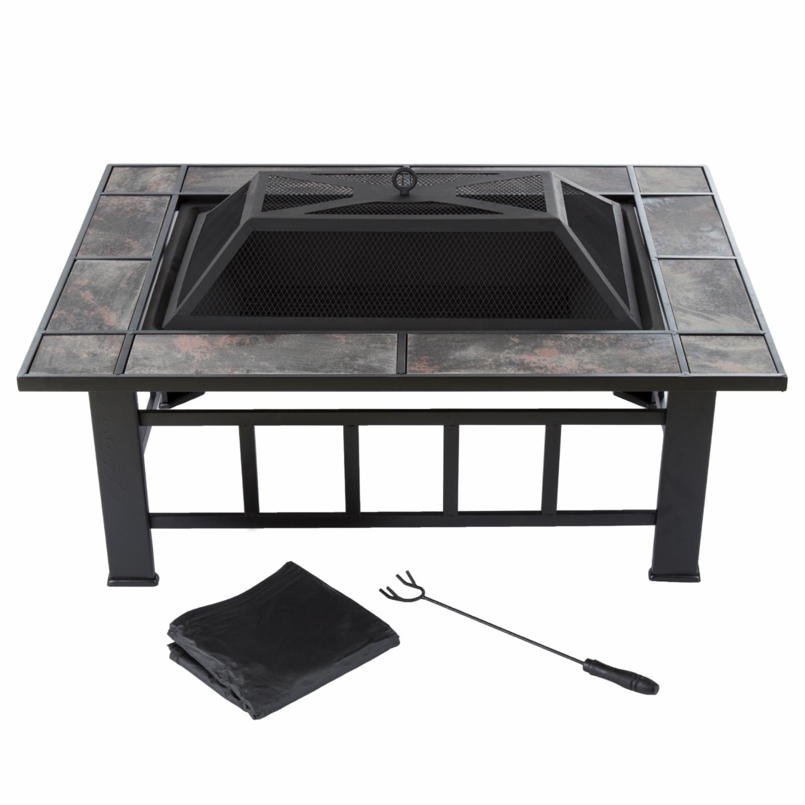 Elegant 37" Black Square Wood-Burning Fire Pit Table with Ceramic Tile