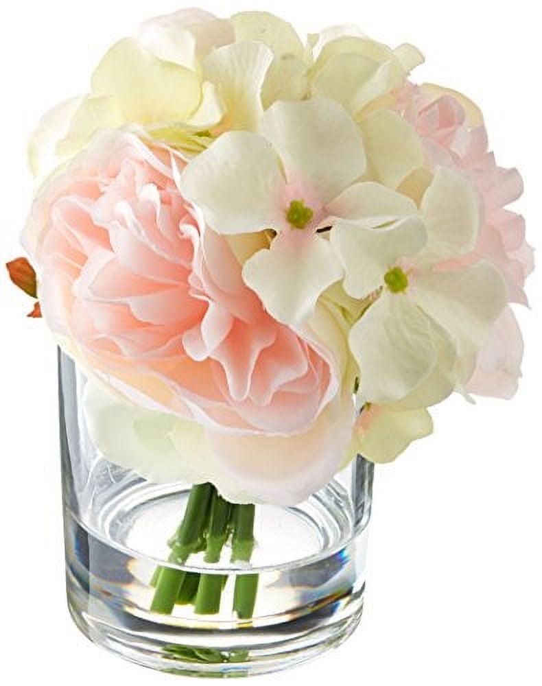 Pink and Cream Rose Hydrangea Bouquet in Clear Glass Vase