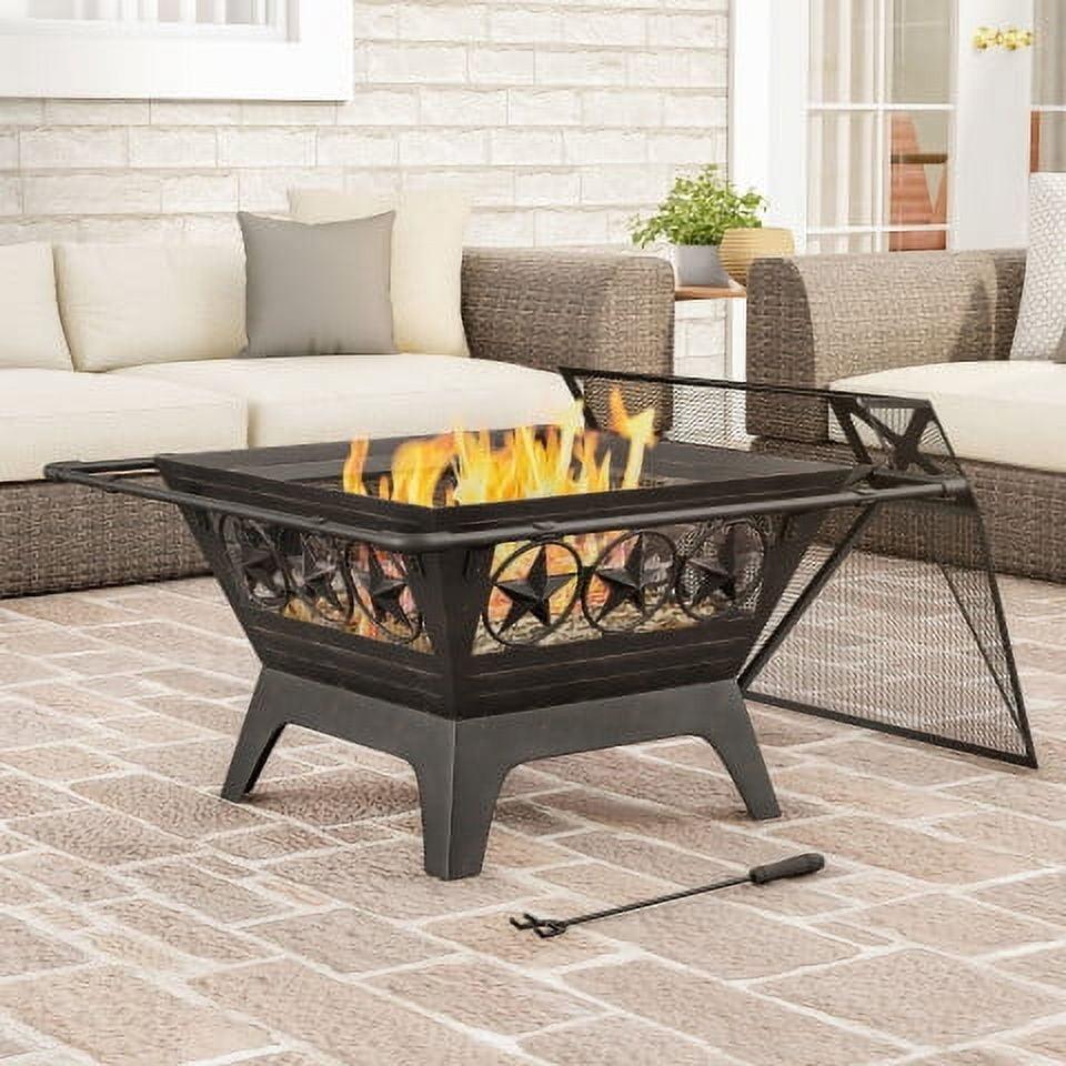 Black Steel Square Wood Burning Fire Pit Table with Star Cutouts