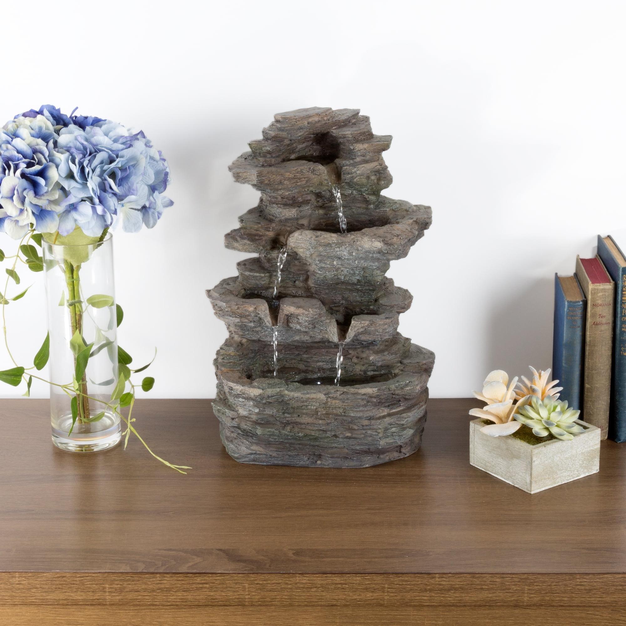 Gray Polyresin Tiered Tabletop Waterfall Fountain with LED Lights