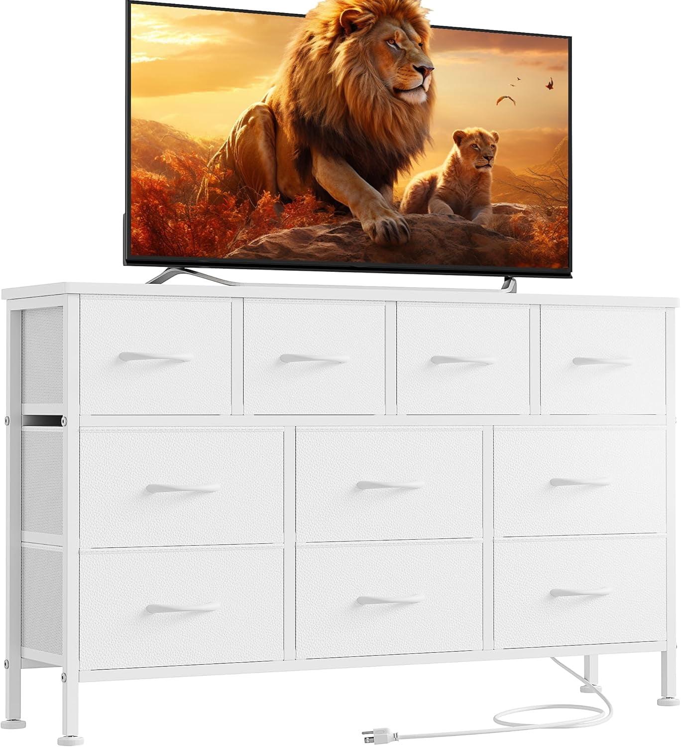Lulive 10 Drawer White Dresser for Bedroom, Dresser TV Stand with Power Outlet, Entertainment Center Chest of Drawers for 55'' Long TV, Wide Fabric Dresser for Storage and Organization (White)