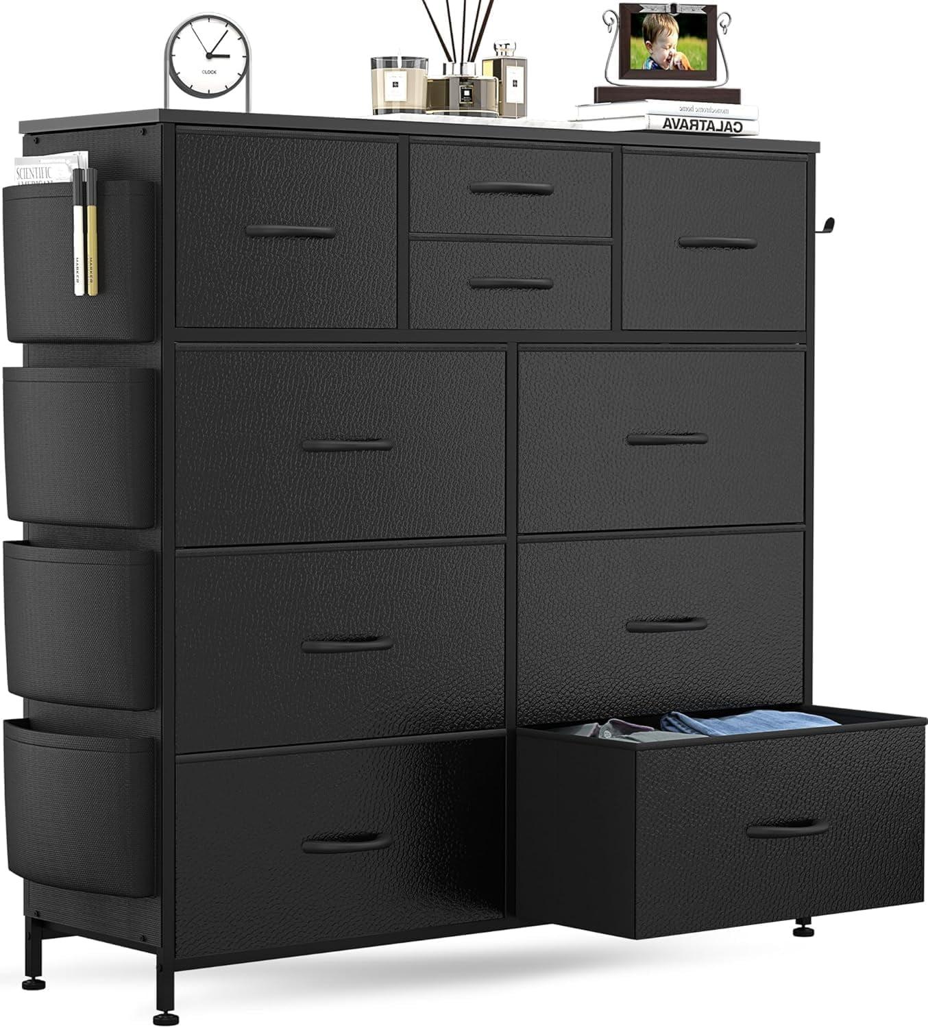 Modern 10-Drawer Fabric Storage Dresser - Tall Chest of Drawers with Steel Frame, Wooden Top, for Bedroom, Closet, Entryway, Black