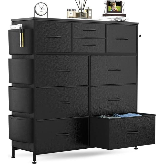 Modern 10-Drawer Fabric Storage Dresser - Tall Chest of Drawers with Steel Frame, Wooden Top, for Bedroom, Closet, Entryway, Black