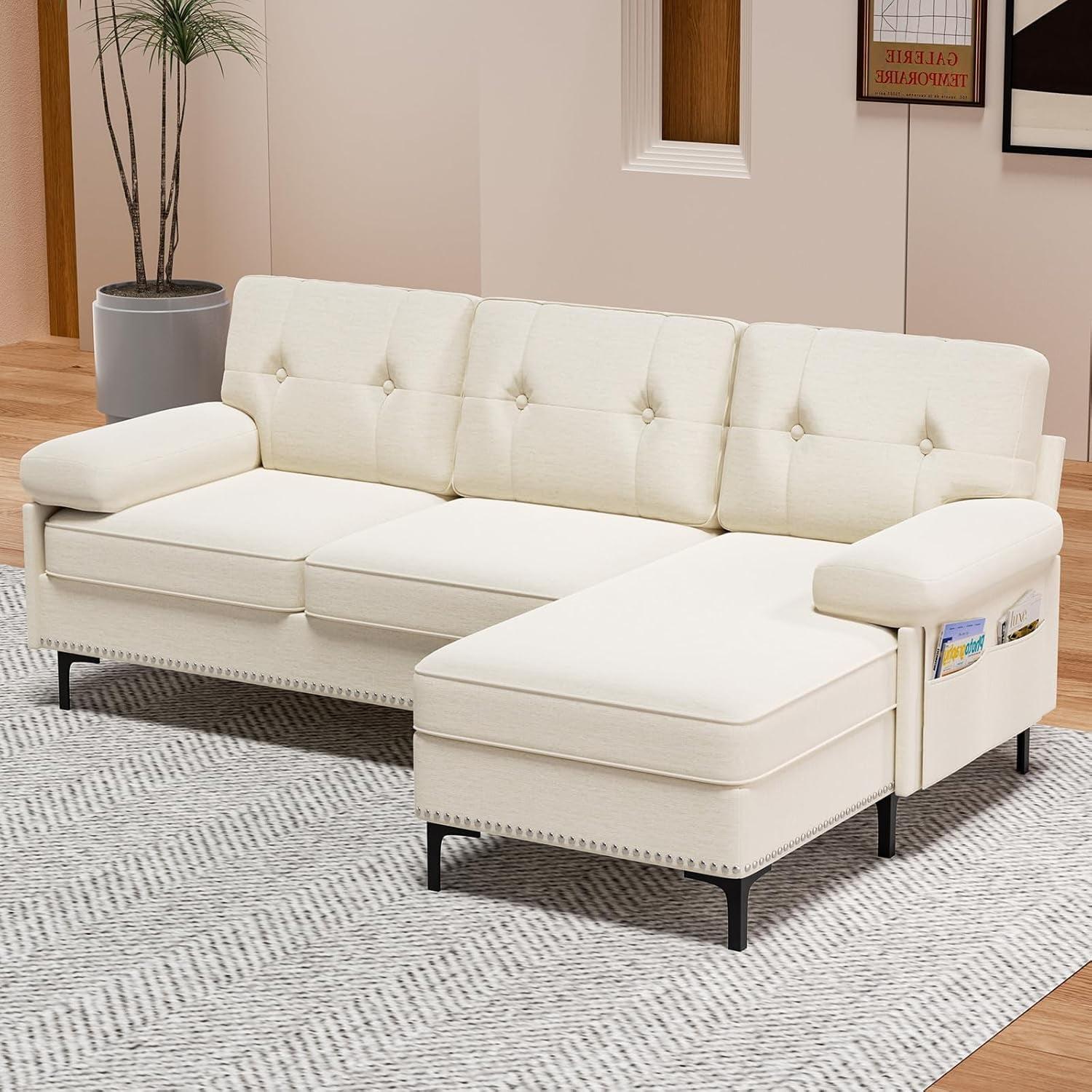 Beige Chenille Fabric L-Shaped Sectional Sofa with Storage