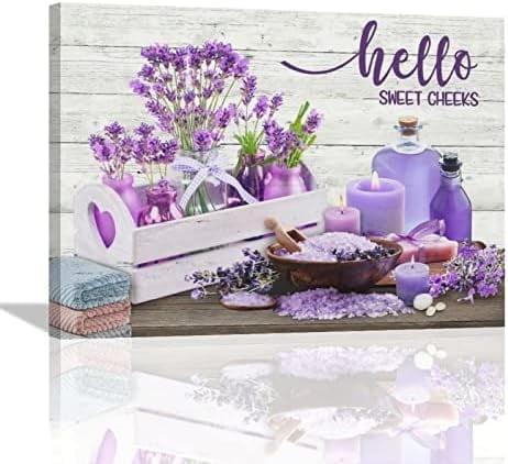 Bathroom Wall Art Lavender Pictures Purple Bathroom Decor Flower Canvas Print Wall Decor Farmhouse Bathroom Decor Wall Art Purple Candles and Lavender Painting Framed Modern Home Artwork Large 16"x12"