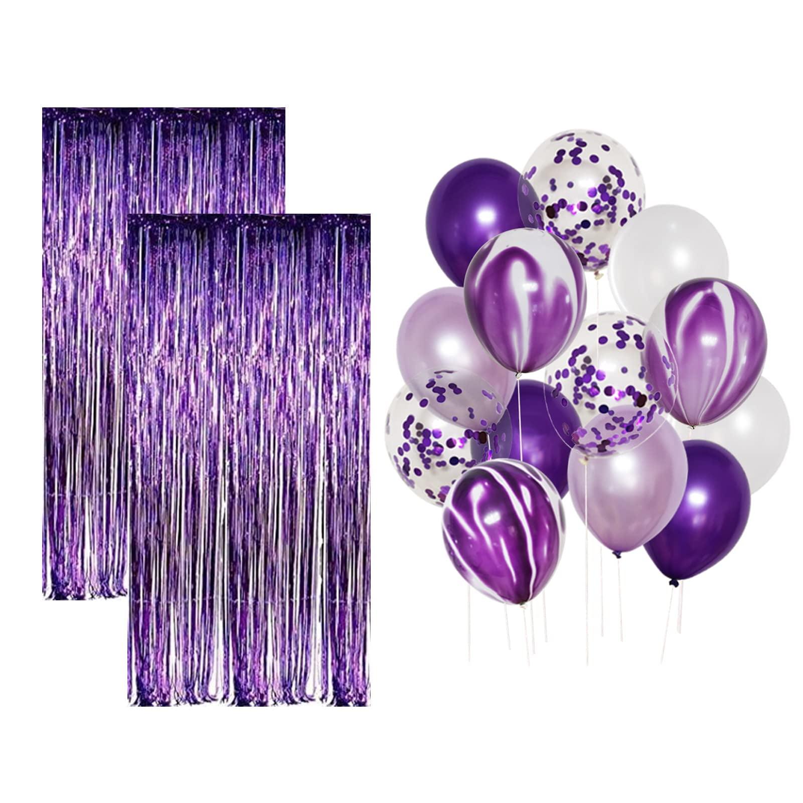 Purple and White Party Decorations Kit with Foil Curtain and Balloons