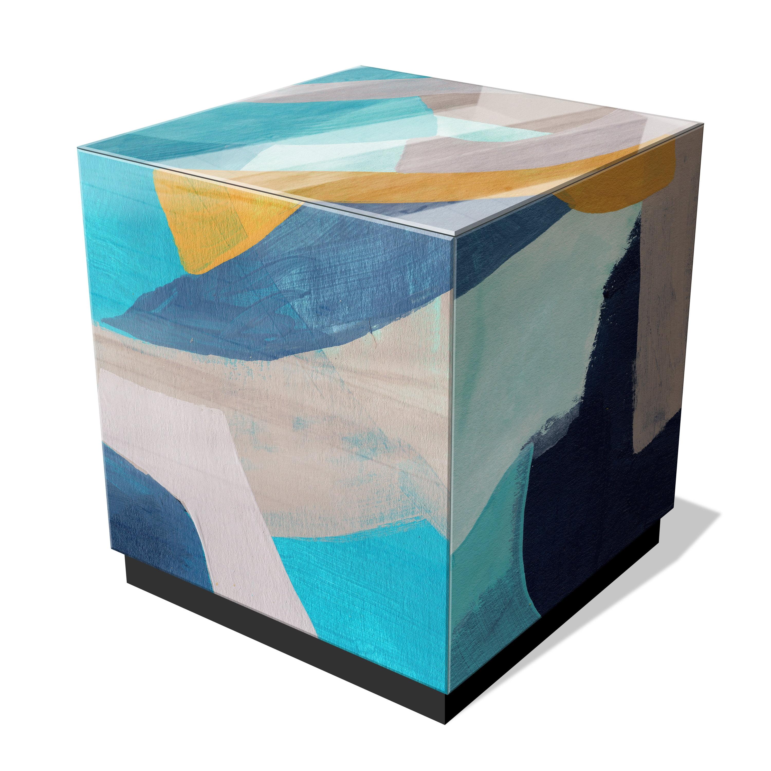 Slate and Cerulean Blue Art Glass Square Side Table with Black Plinth